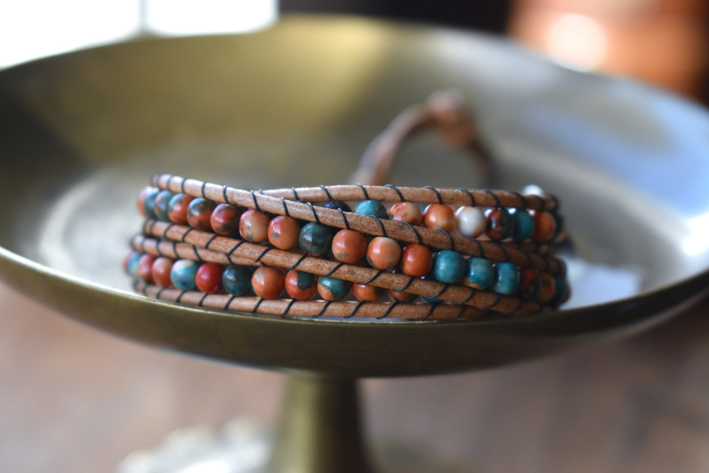 Orange and Blue Rain Flower Jasper // Lava Bead Wrap Bracelet // Essential Oil Bracelet // Leather Bracelet // Beaded Bracelet (Copy)