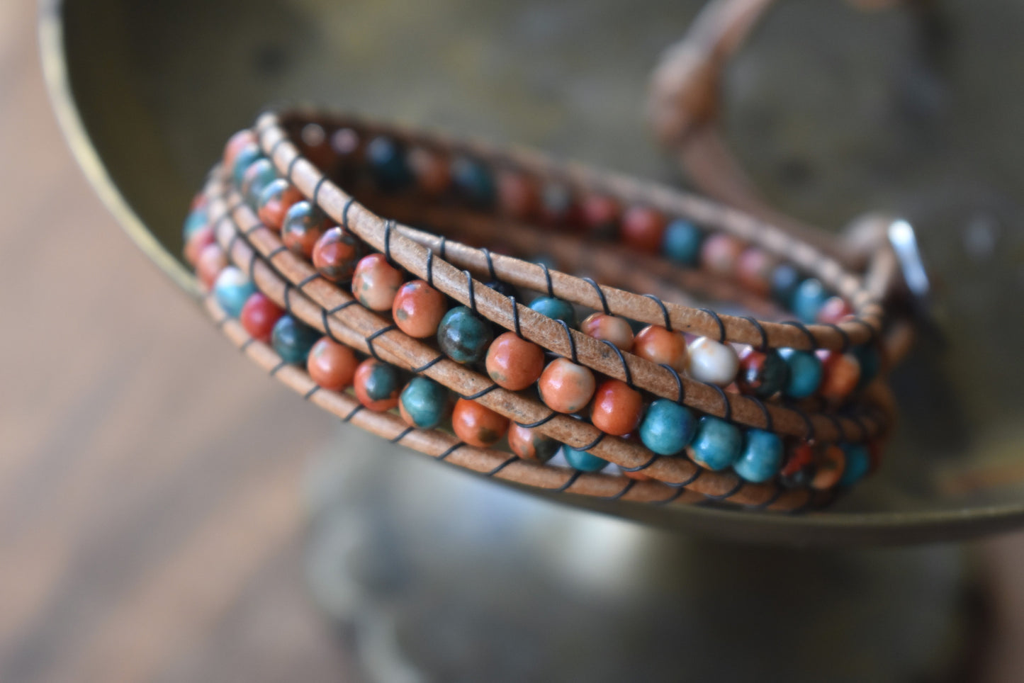 Orange and Blue Rain Flower Jasper // Lava Bead Wrap Bracelet // Essential Oil Bracelet // Leather Bracelet // Beaded Bracelet (Copy)