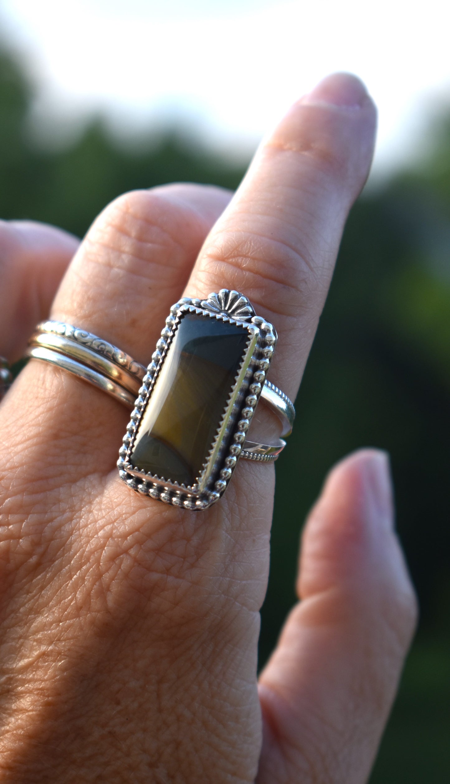 Rectangle Blue Mountain Jasper Ring - size 8.5