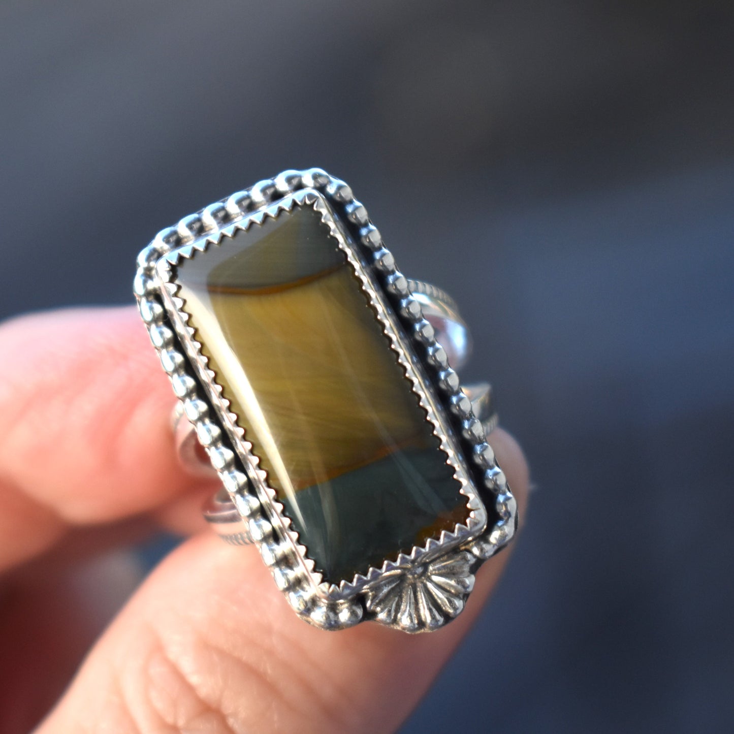 Rectangle Blue Mountain Jasper Ring - size 8.5