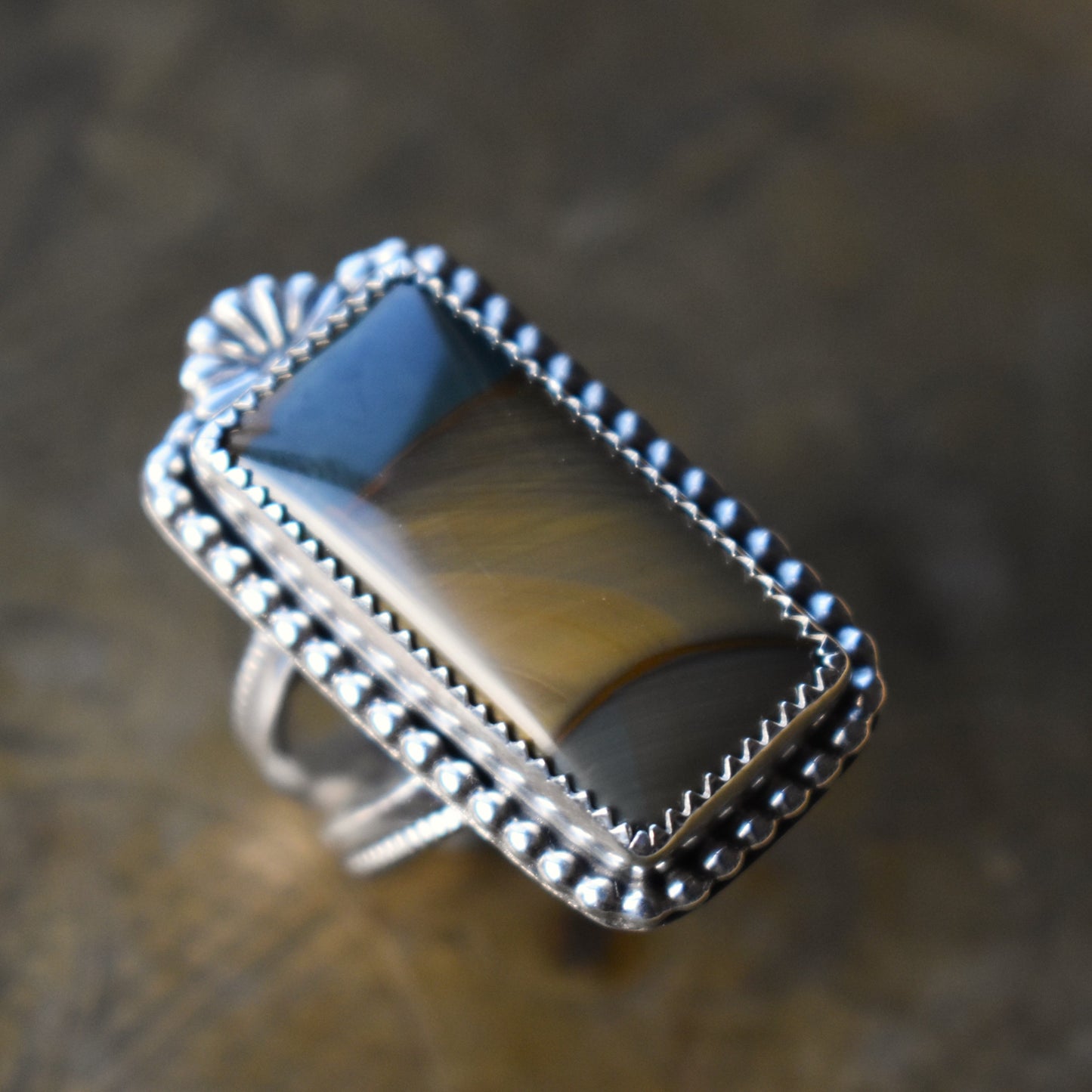 Rectangle Blue Mountain Jasper Ring - size 8.5