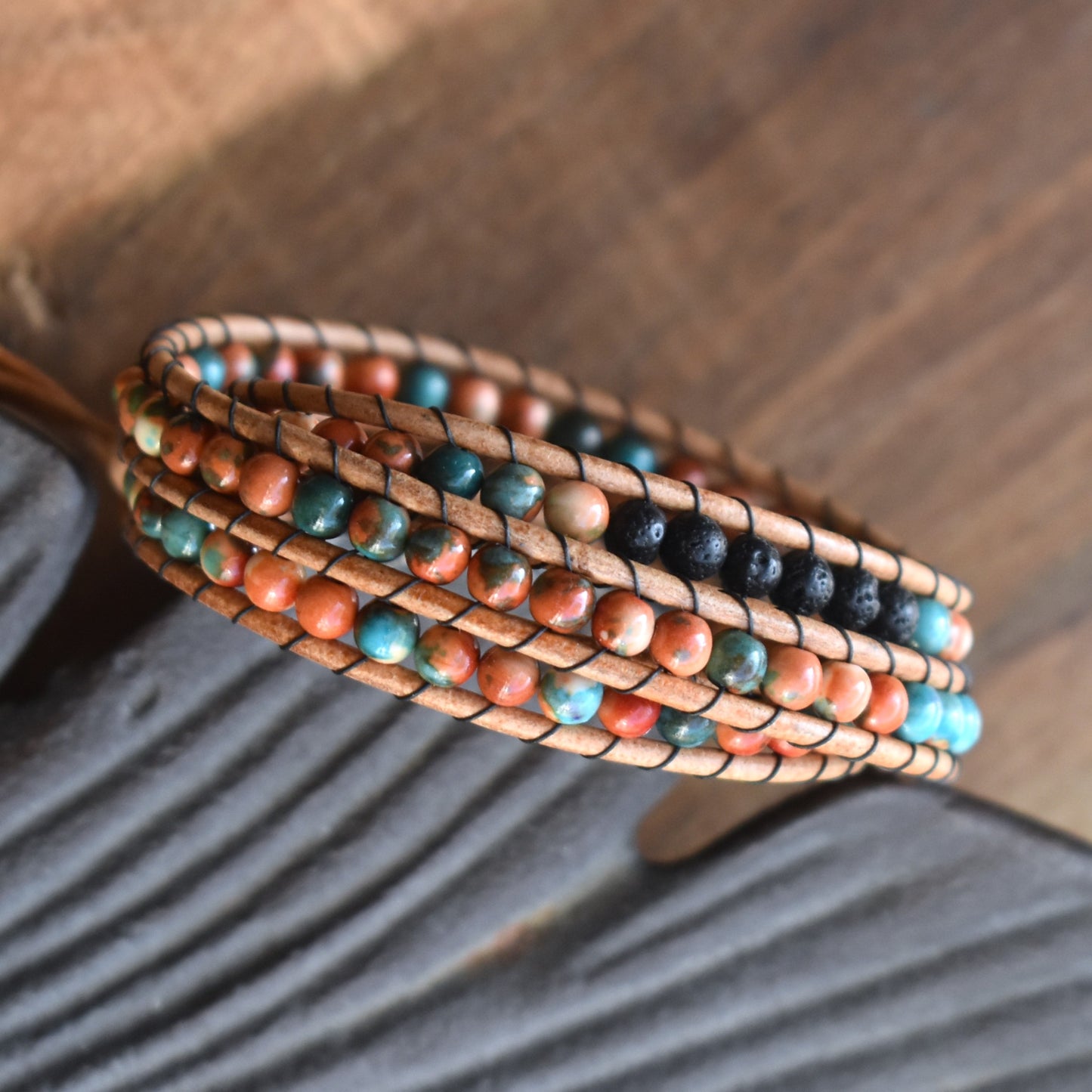 Orange and Blue Rain Flower Jasper // Lava Bead Wrap Bracelet // Essential Oil Bracelet // Leather Bracelet // Beaded Bracelet (Copy)