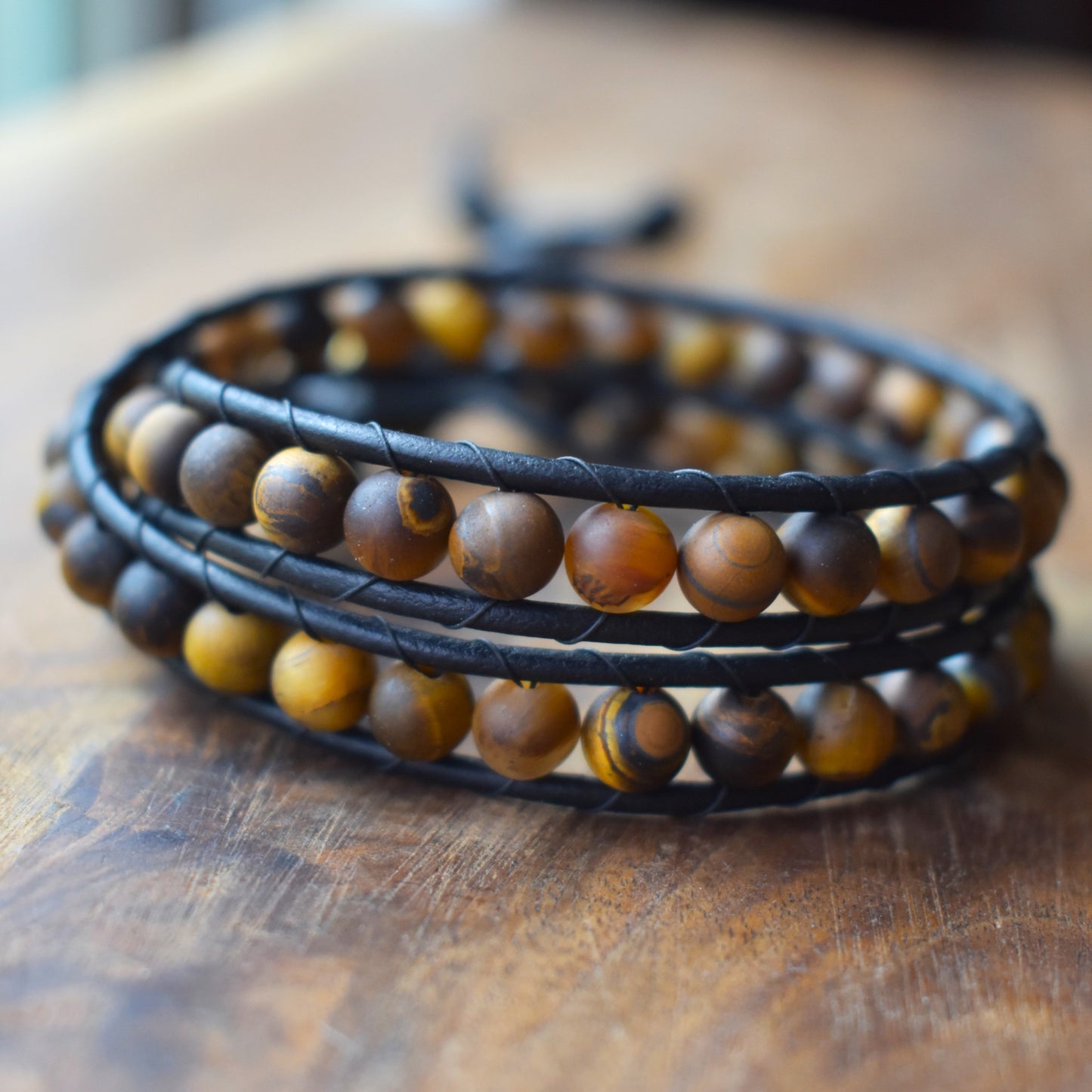 Tiger Eye Bead Wrap Bracelet for Men // Men's Bracelet // Leather Bracelet // Beaded Bracelet