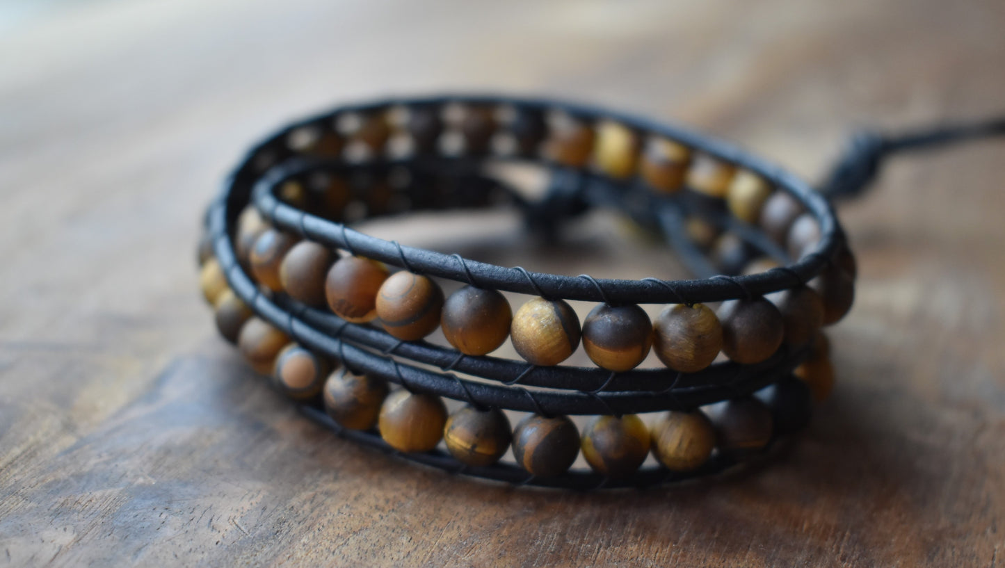 Tiger Eye Bead Wrap Bracelet for Men // Men's Bracelet // Leather Bracelet // Beaded Bracelet