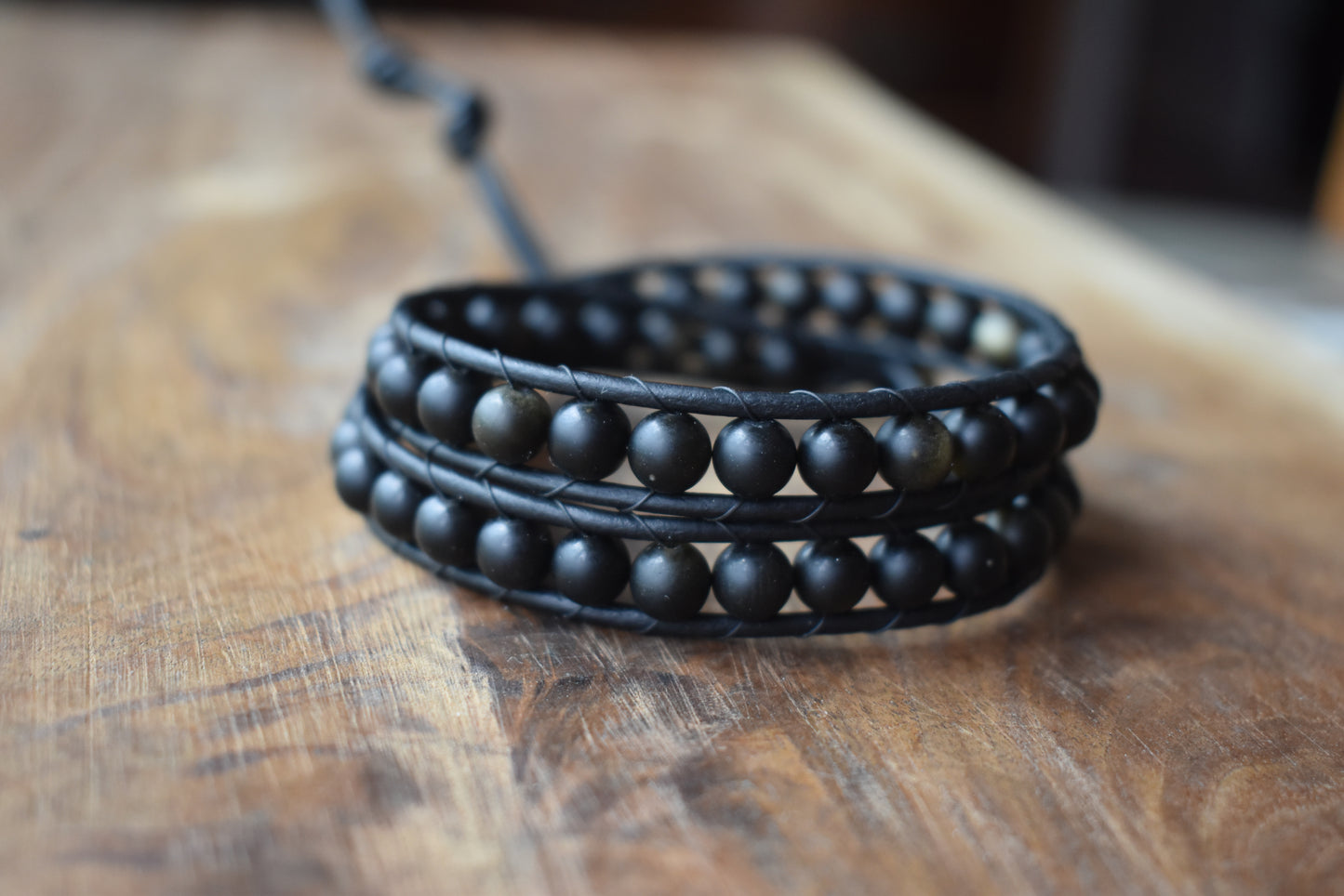 Natural Golden Sheen Obsidian Bead Wrap Bracelet for Men // Men's Bracelet // Leather Bracelet // Beaded Bracelet