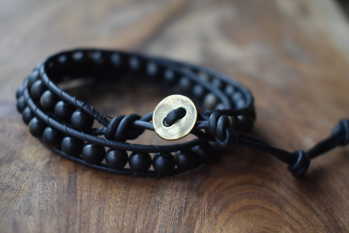 Natural Golden Sheen Obsidian Bead Wrap Bracelet for Men // Men's Bracelet // Leather Bracelet // Beaded Bracelet