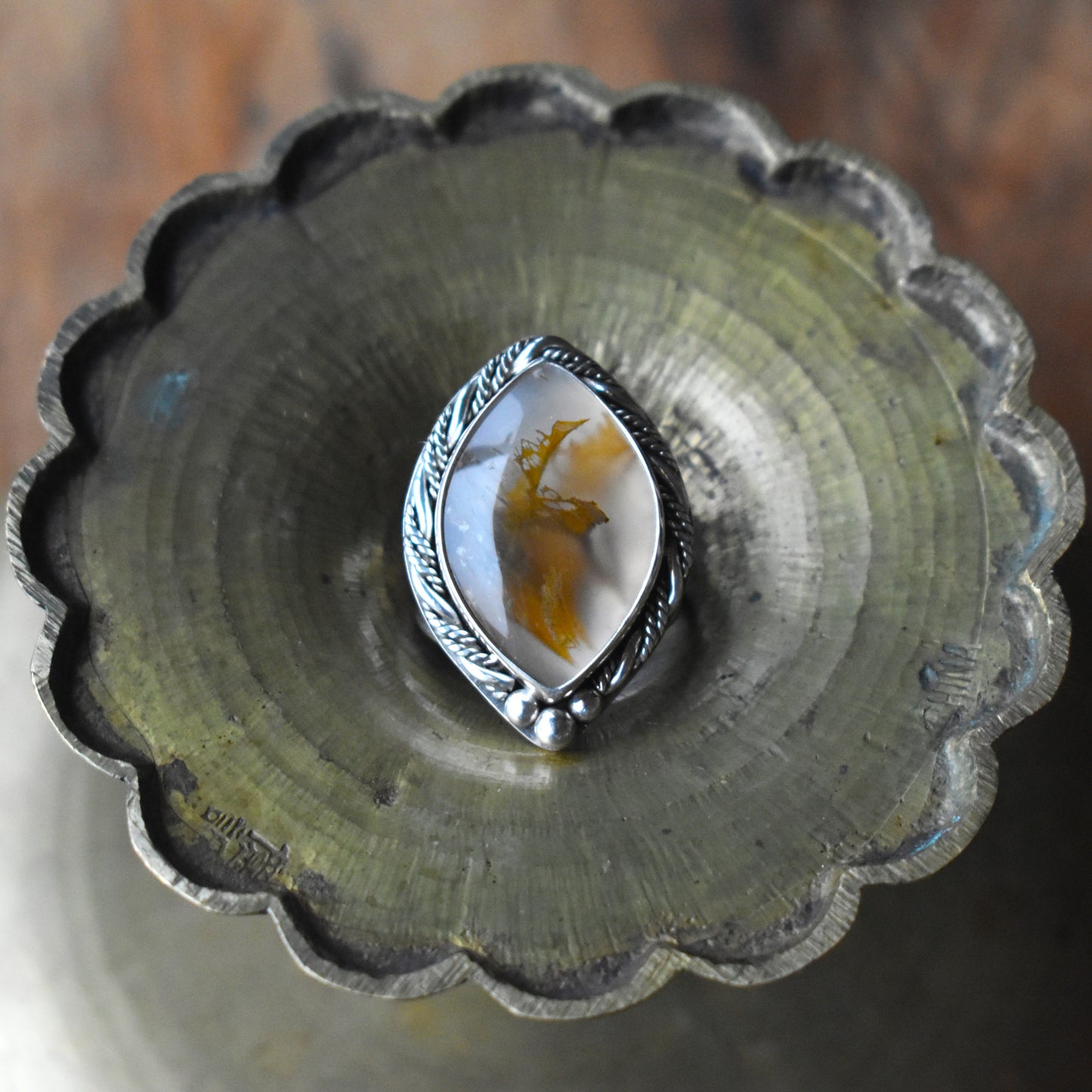 Priday Thunderegg Moss Agate Statement Ring - size 8.5
