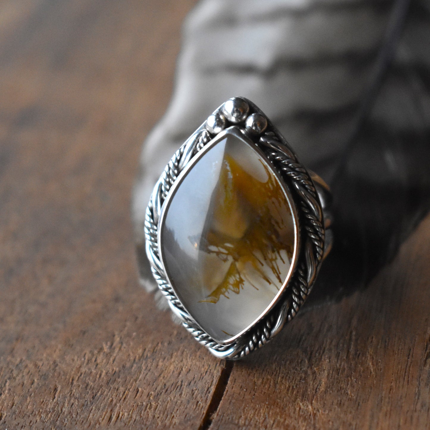 Priday Thunderegg Moss Agate Statement Ring - size 8.5
