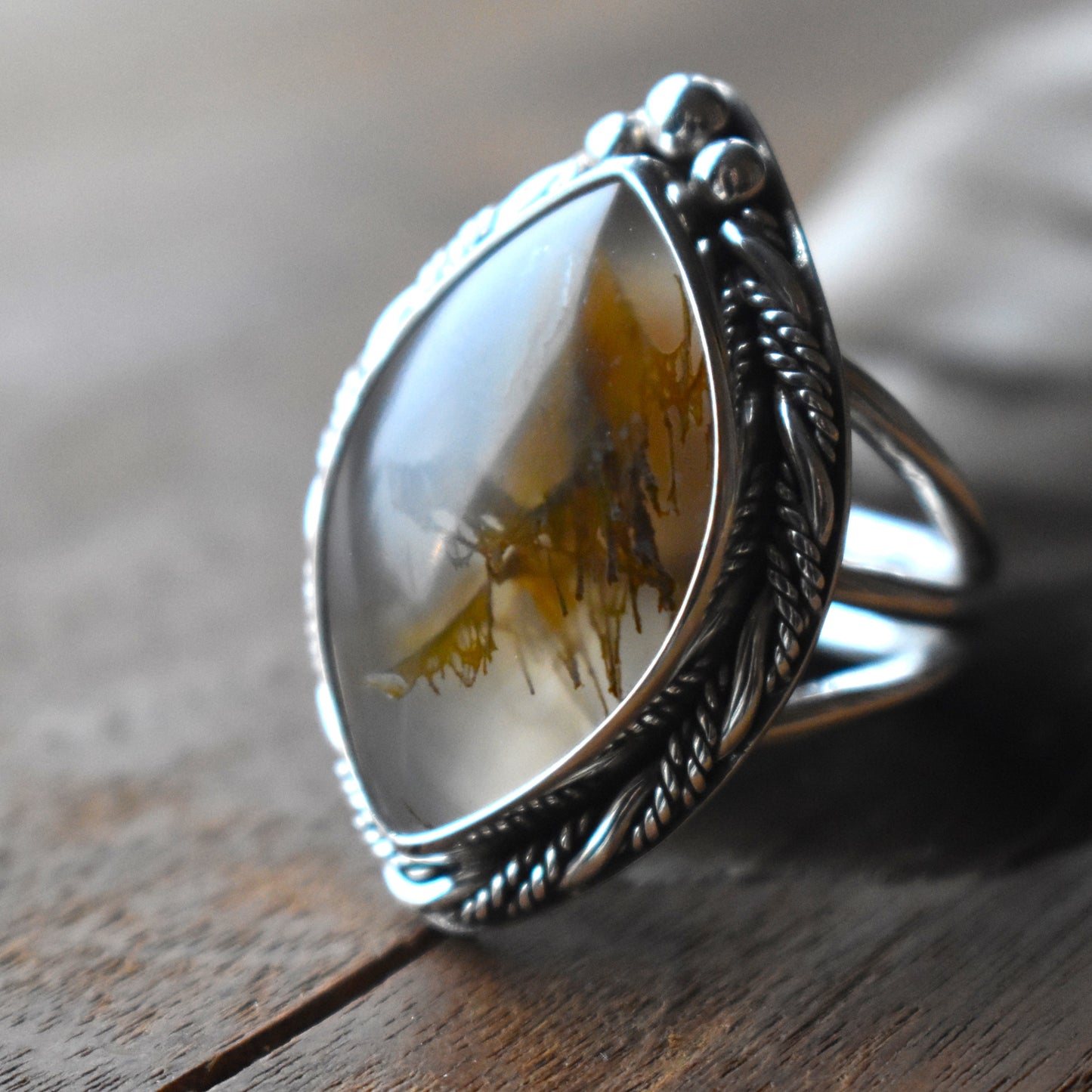 Priday Thunderegg Moss Agate Statement Ring - size 8.5