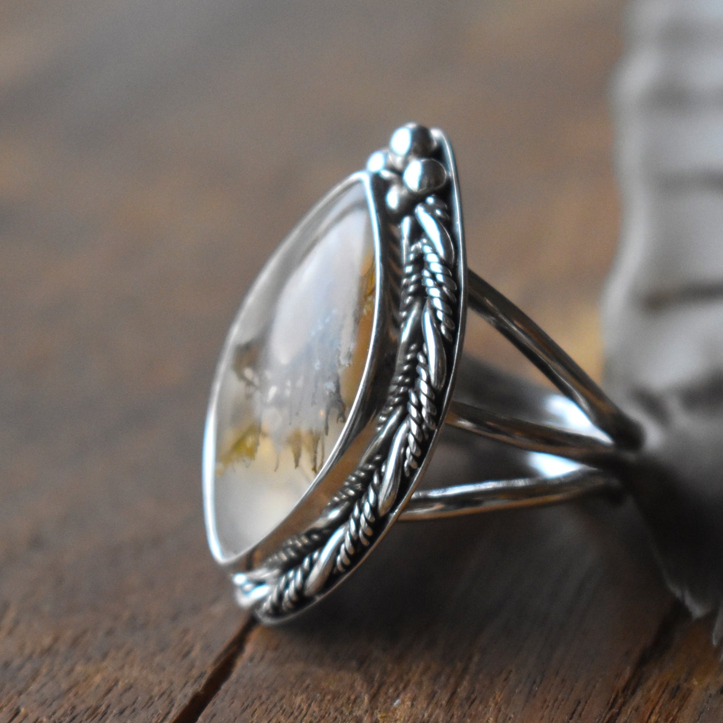 Priday Thunderegg Moss Agate Statement Ring - size 8.5