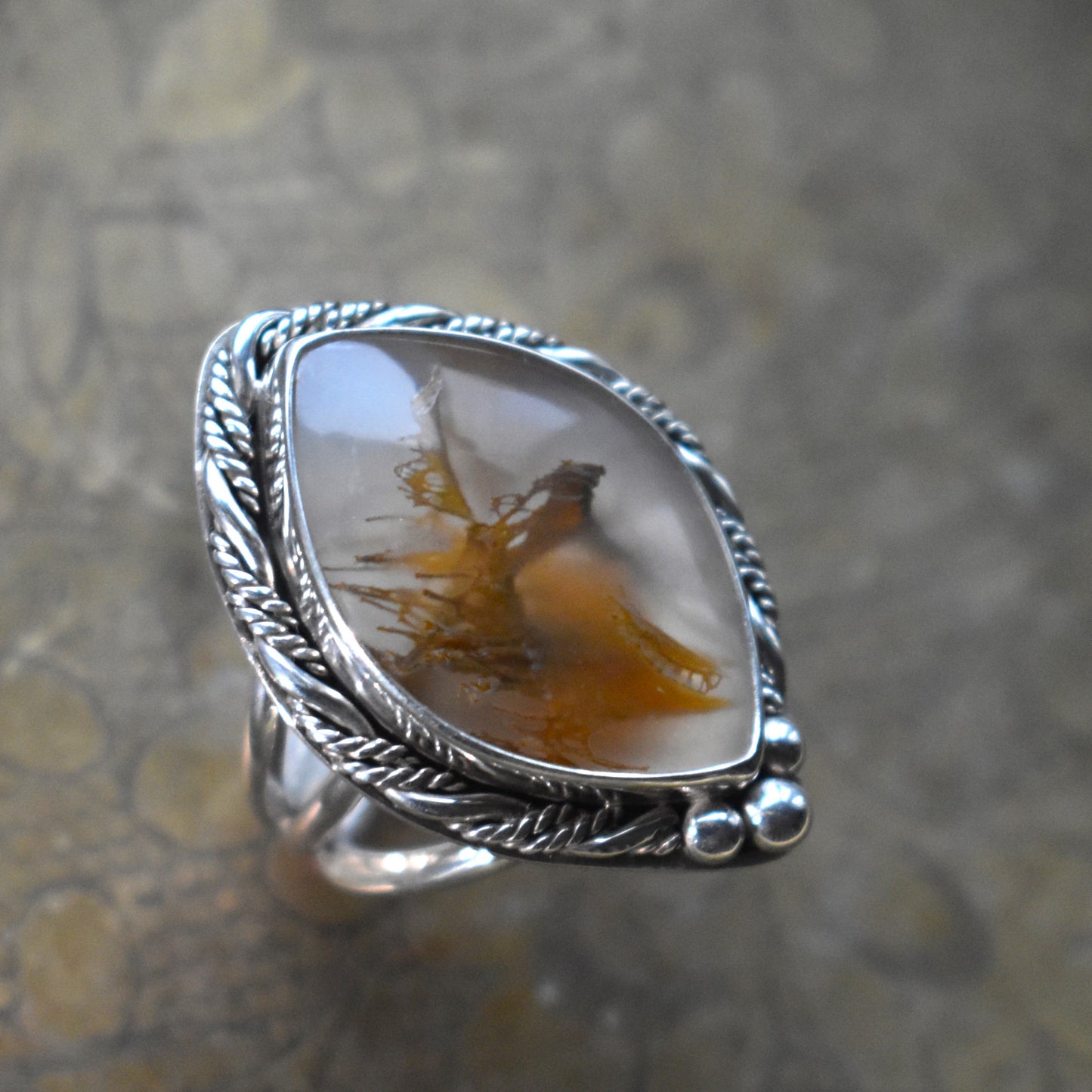 Priday Thunderegg Moss Agate Statement Ring - size 8.5