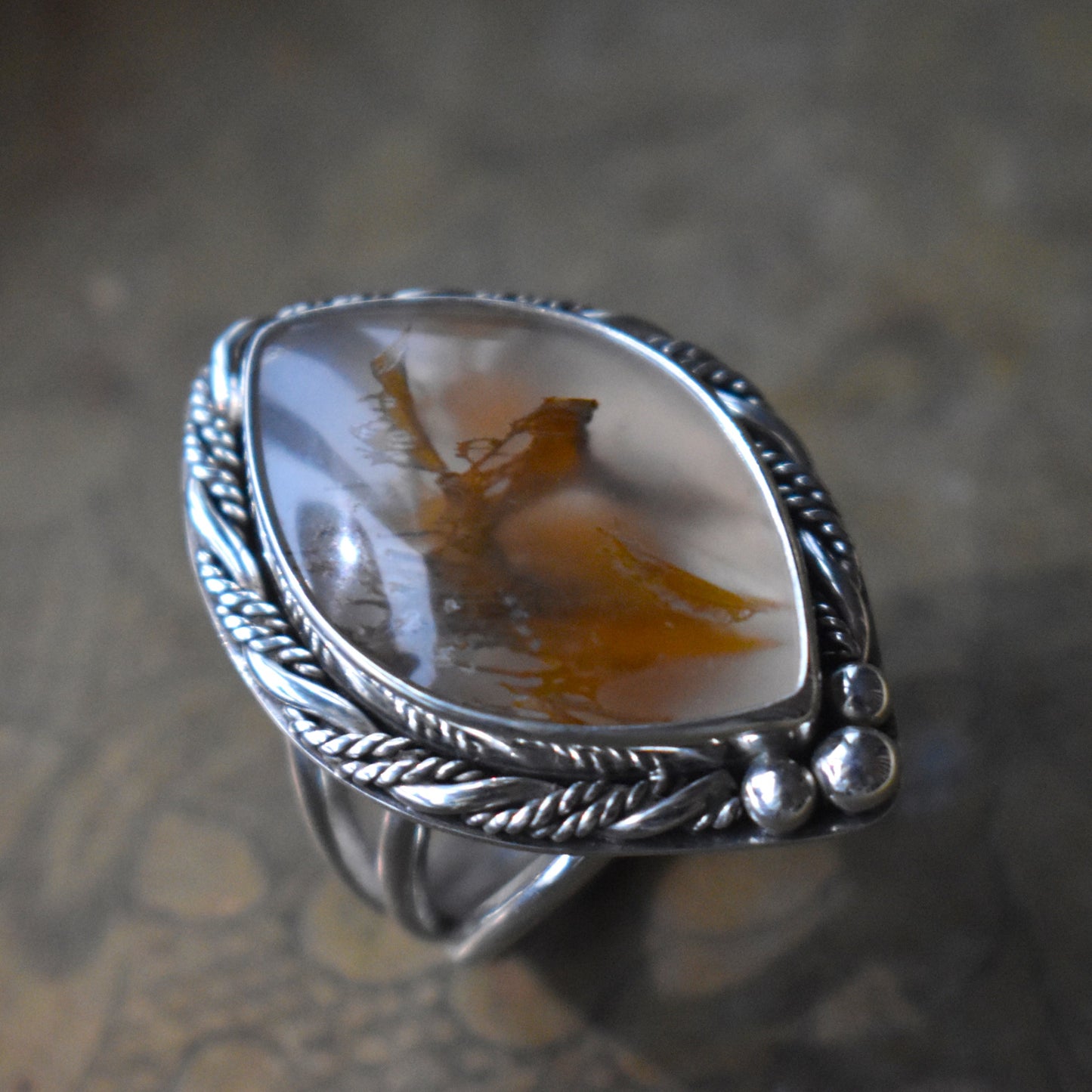 Priday Thunderegg Moss Agate Statement Ring - size 8.5
