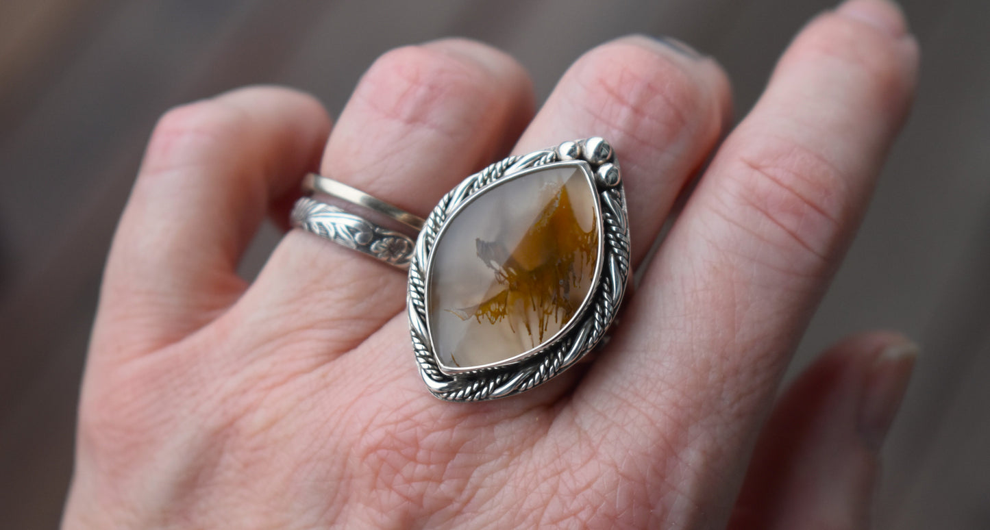 Priday Thunderegg Moss Agate Statement Ring - size 8.5