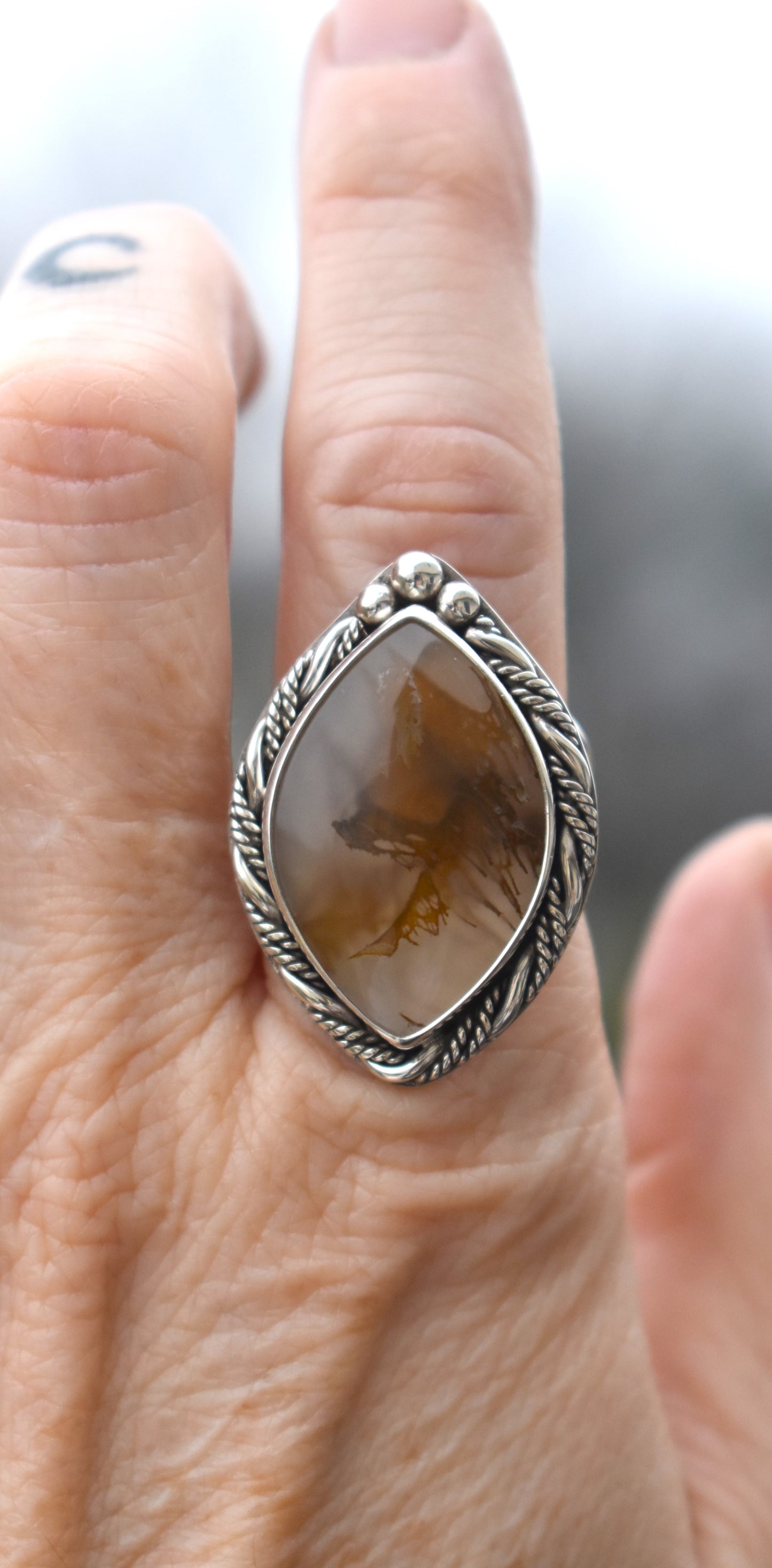 Priday Thunderegg Moss Agate Statement Ring - size 8.5