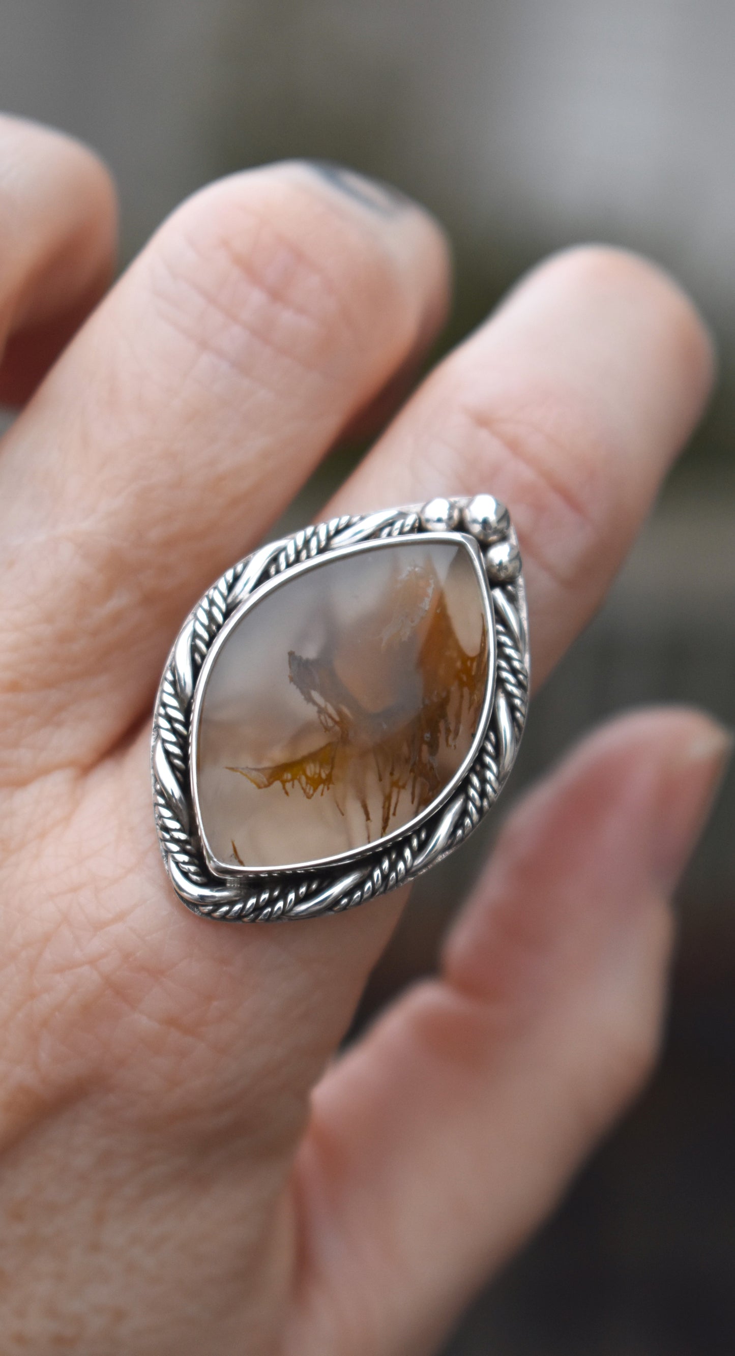 Priday Thunderegg Moss Agate Statement Ring - size 8.5