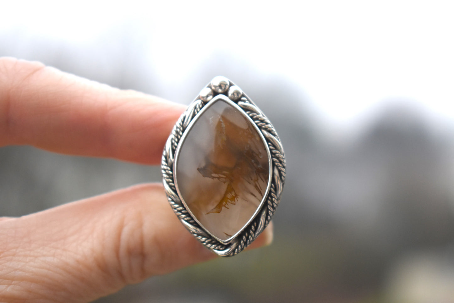 Priday Thunderegg Moss Agate Statement Ring - size 8.5