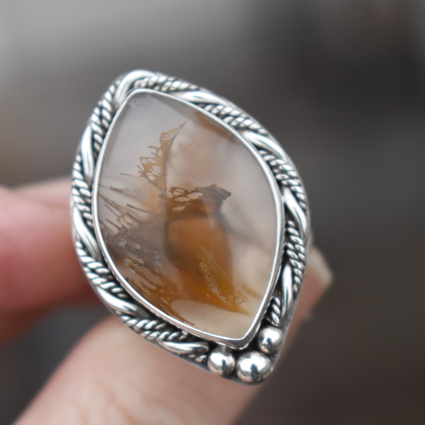 Priday Thunderegg Moss Agate Statement Ring - size 8.5