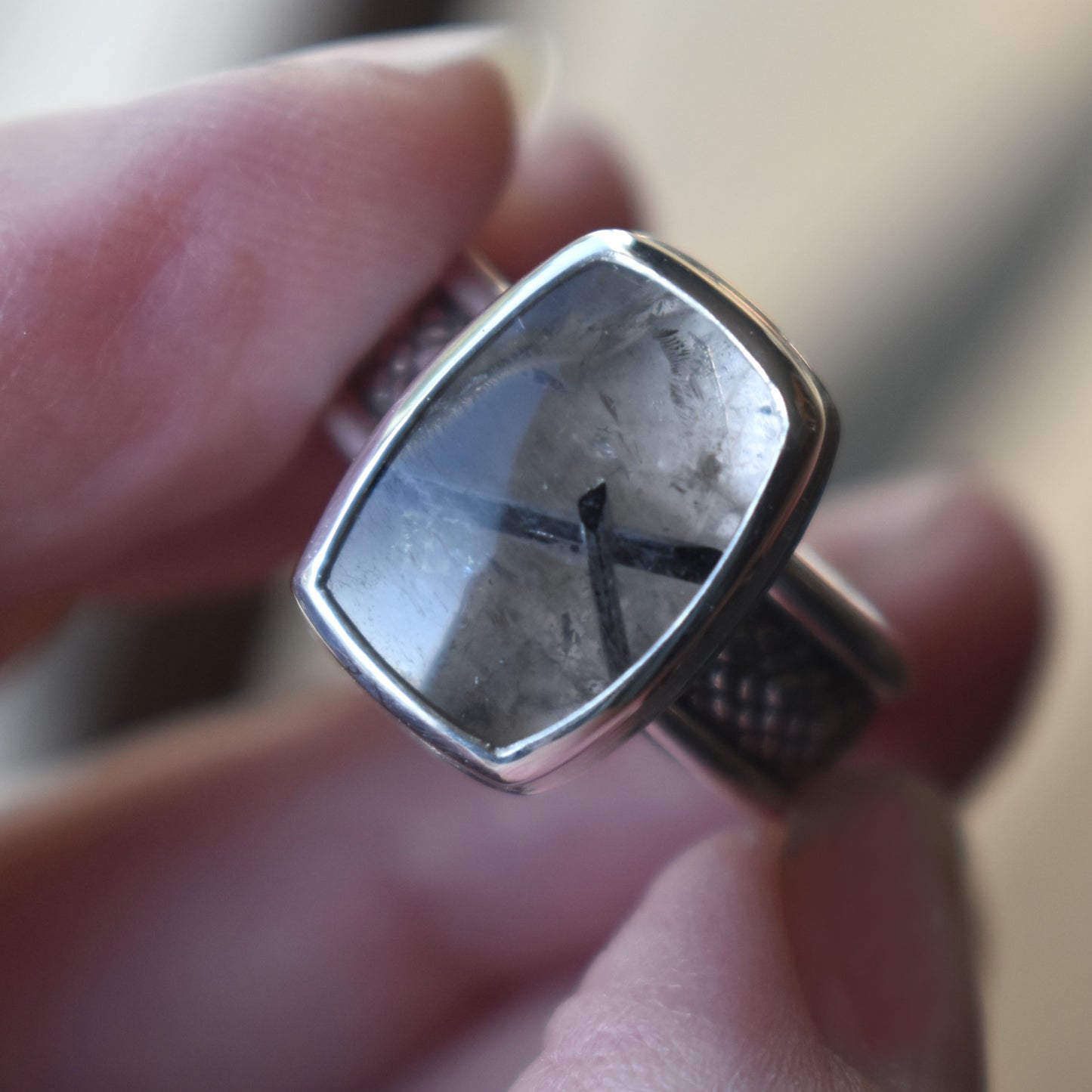 Quartz with Black Tourmaline Snakeskin Ring - size 7.5