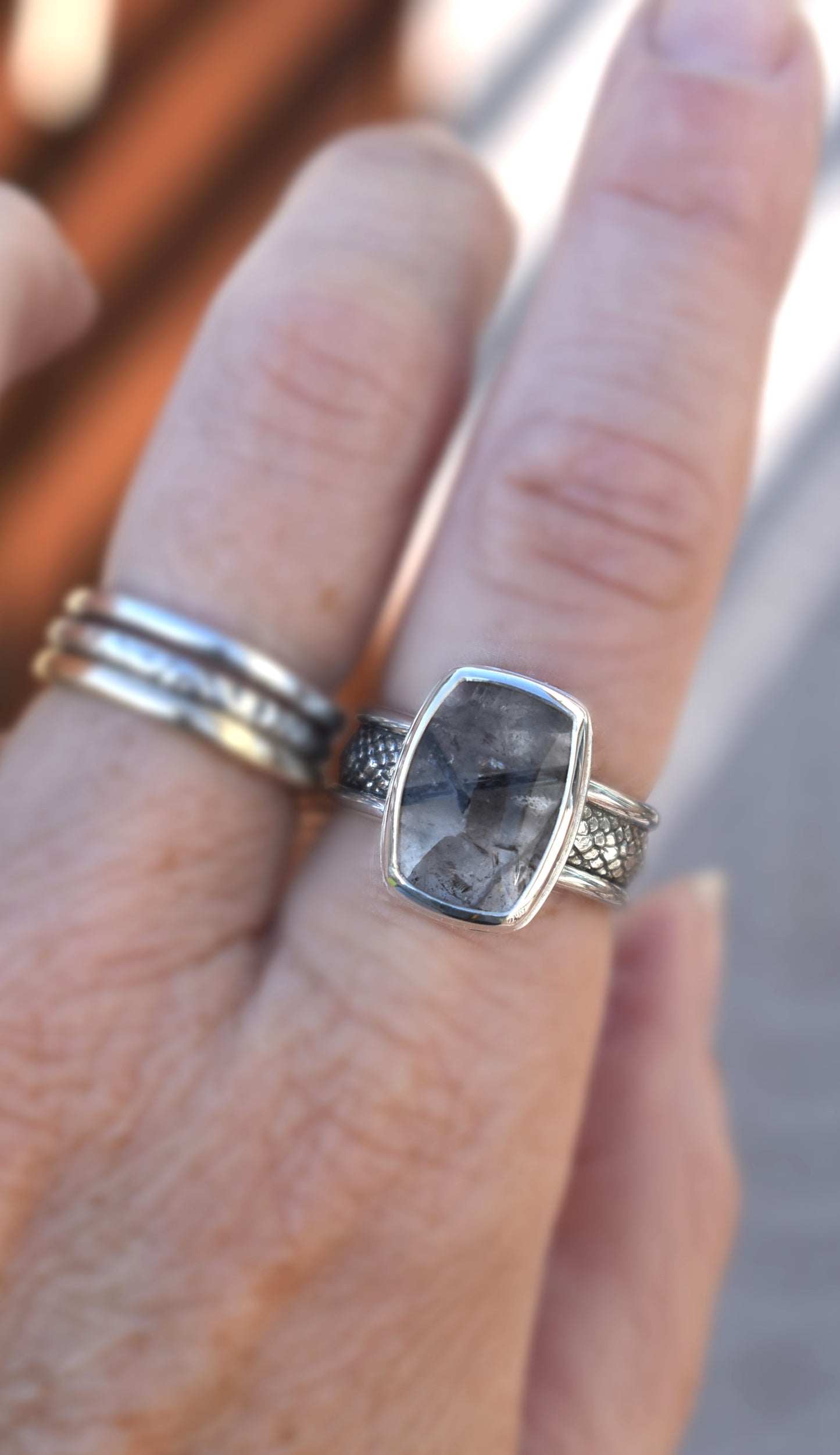Quartz with Black Tourmaline Snakeskin Ring - size 7.5