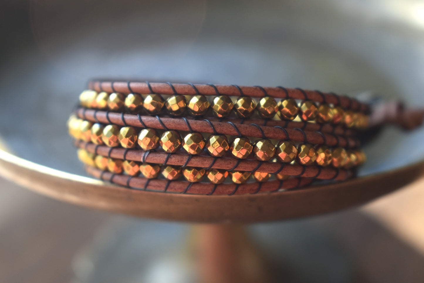 Gold Tone Faceted Hematite Wrap Bracelet // Leather Bracelet // Beaded Bracelet