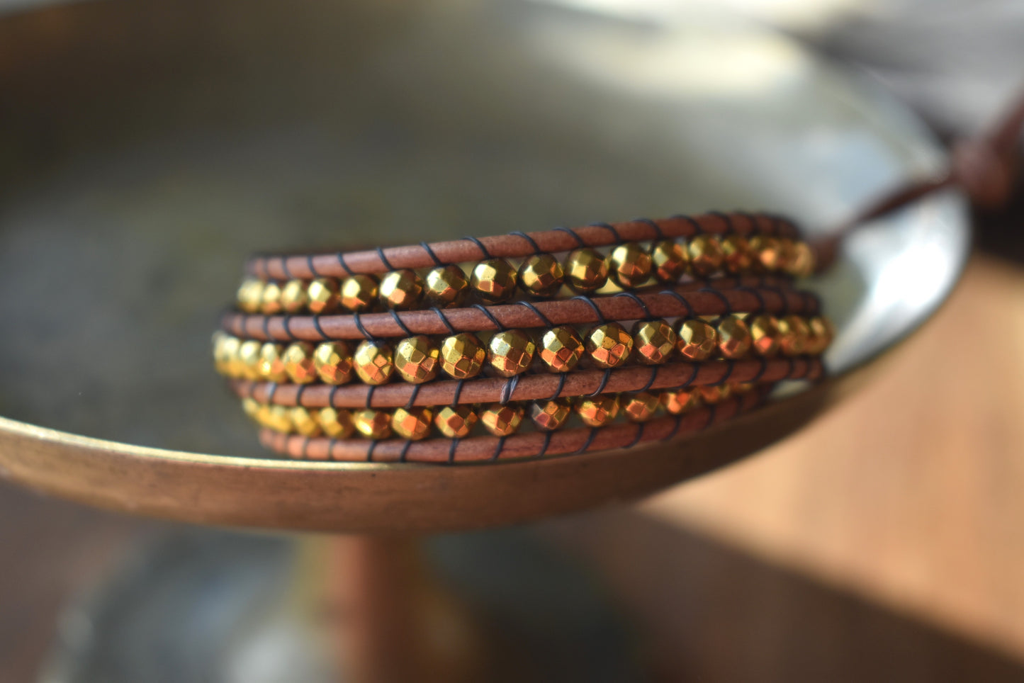 Gold Tone Faceted Hematite Wrap Bracelet // Leather Bracelet // Beaded Bracelet