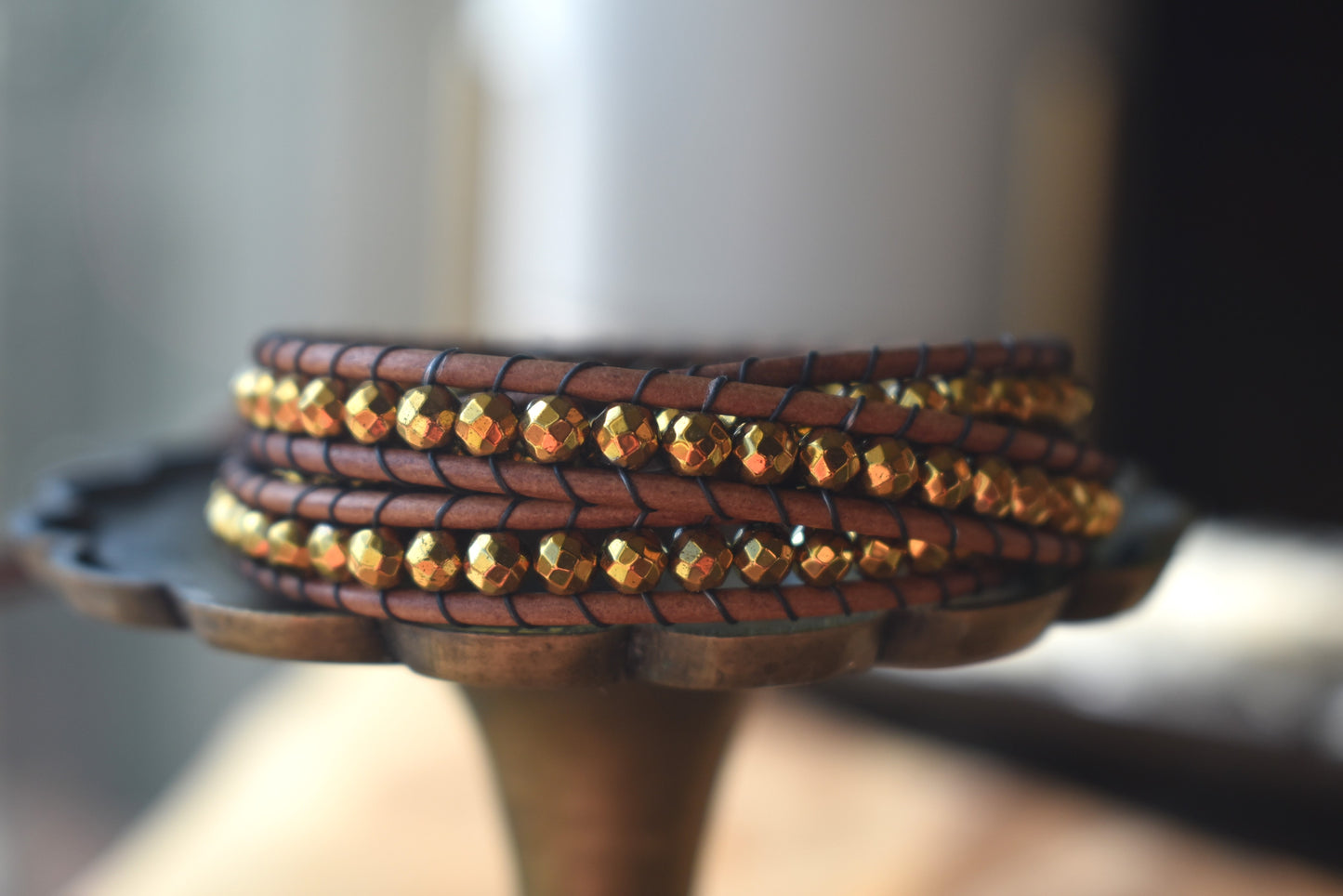Gold Tone Faceted Hematite Wrap Bracelet // Leather Bracelet // Beaded Bracelet