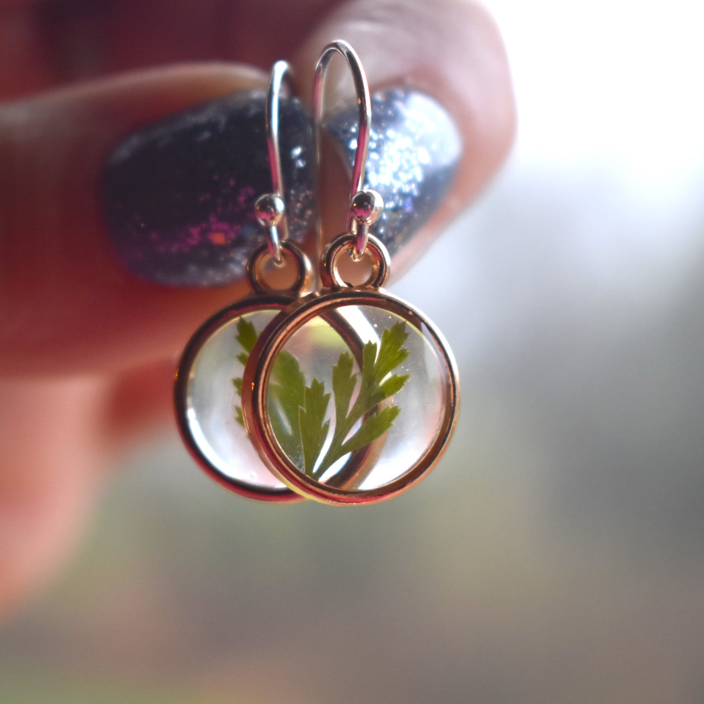 Botanical Round Earrings - fern green - gold tone