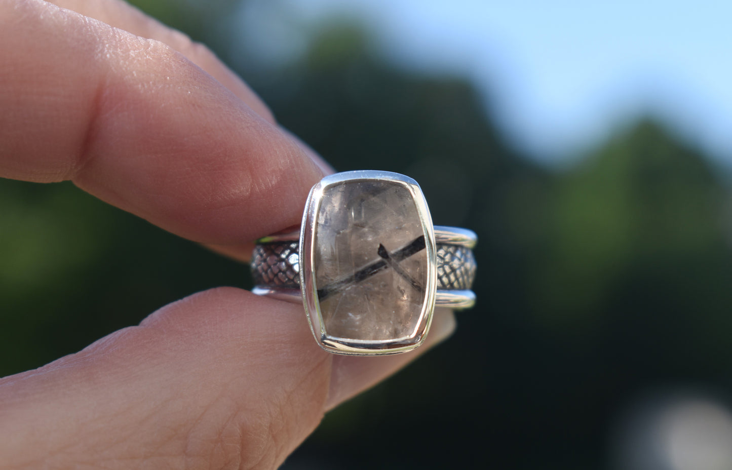 Quartz with Black Tourmaline Snakeskin Ring - size 7.5