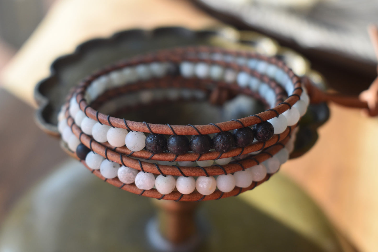 Amazonite and Lava Bead Wrap Bracelet // Essential Oil Bracelet // Leather Bracelet // Beaded Bracelet