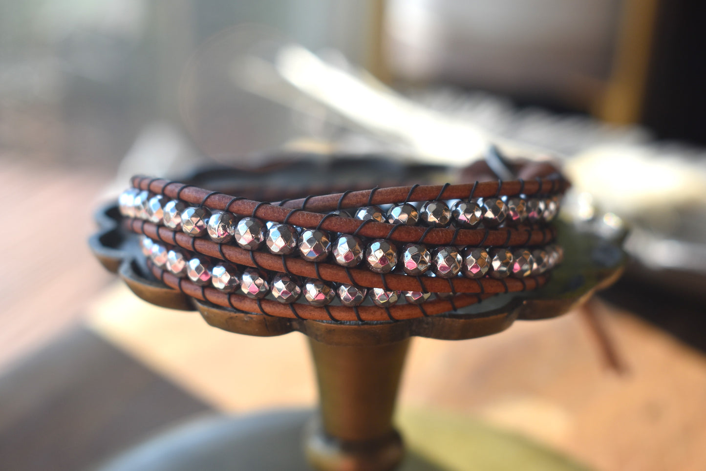 Silver Tone Faceted Hematite Wrap Bracelet // Leather Bracelet // Beaded Bracelet