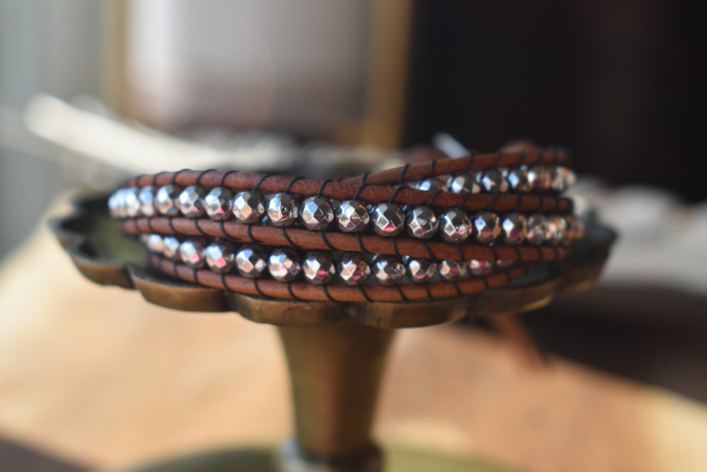 Silver Tone Faceted Hematite Wrap Bracelet // Leather Bracelet // Beaded Bracelet