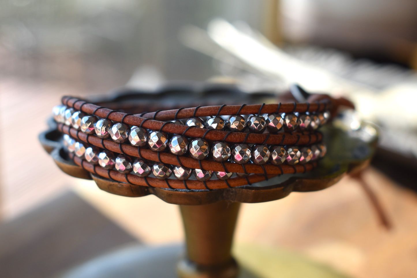 Silver Tone Faceted Hematite Wrap Bracelet // Leather Bracelet // Beaded Bracelet