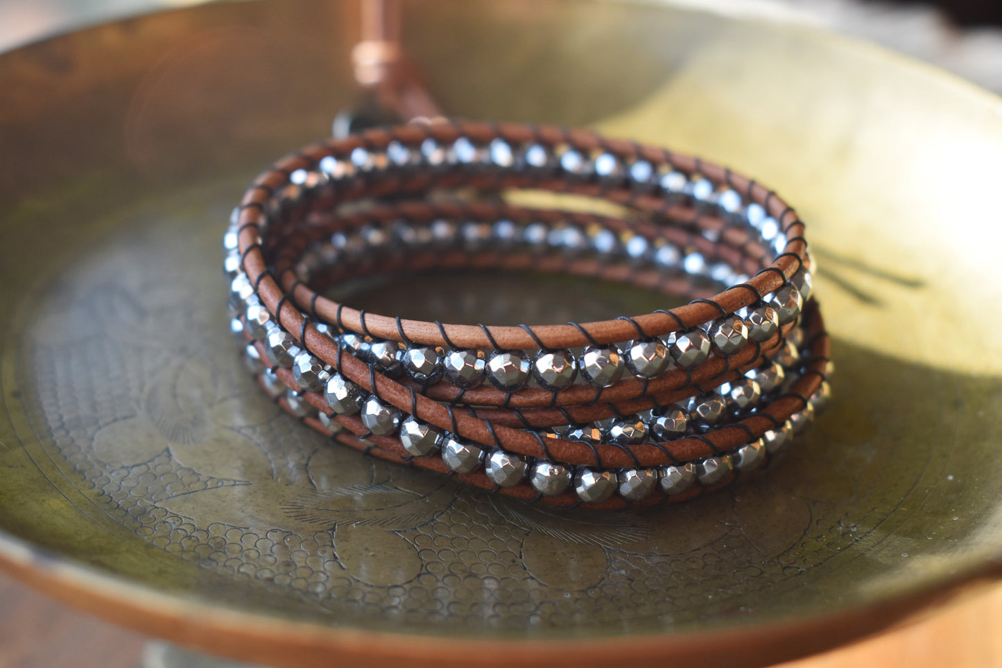 Silver Tone Faceted Hematite Wrap Bracelet // Leather Bracelet // Beaded Bracelet