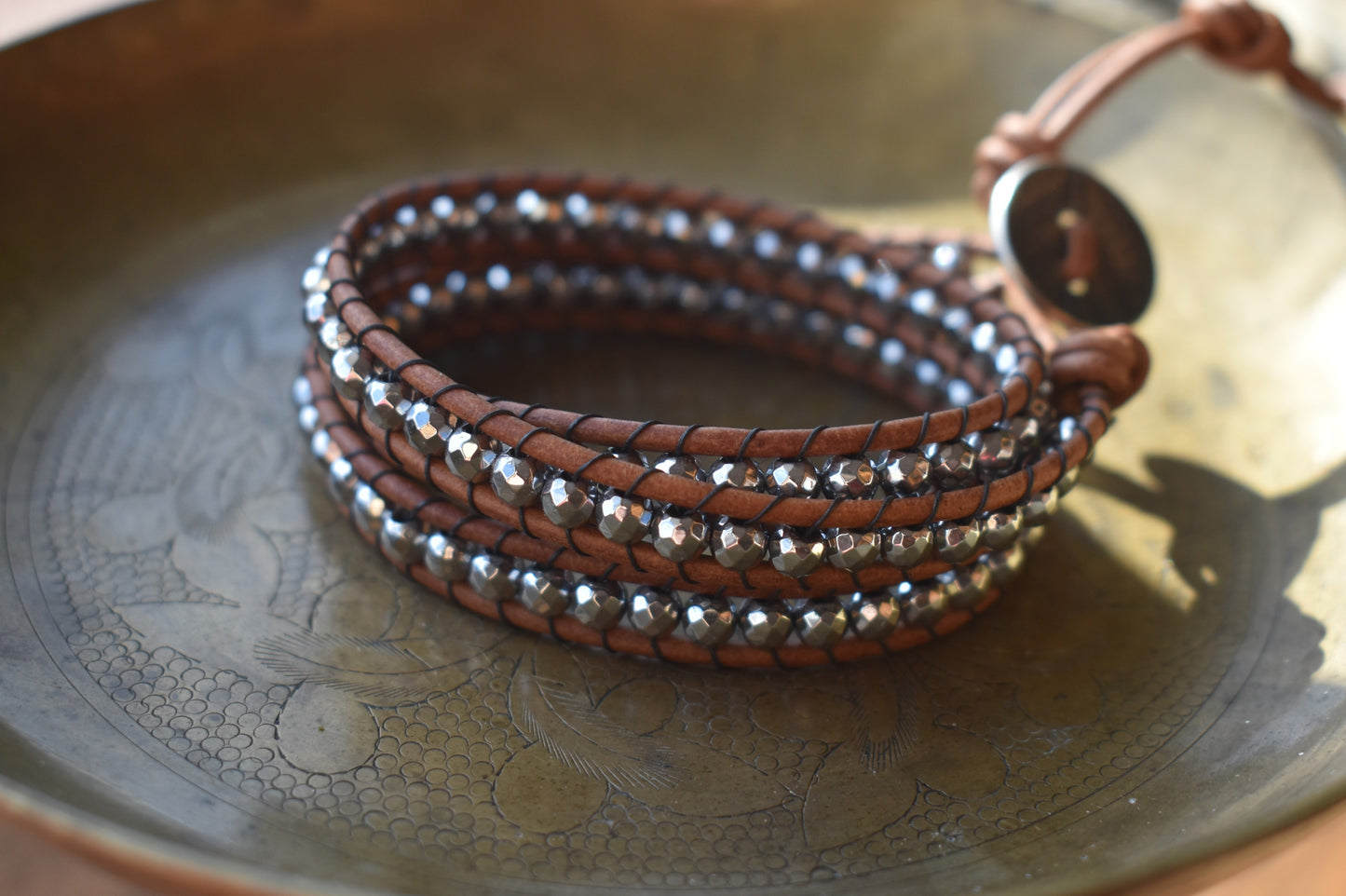 Silver Tone Faceted Hematite Wrap Bracelet // Leather Bracelet // Beaded Bracelet