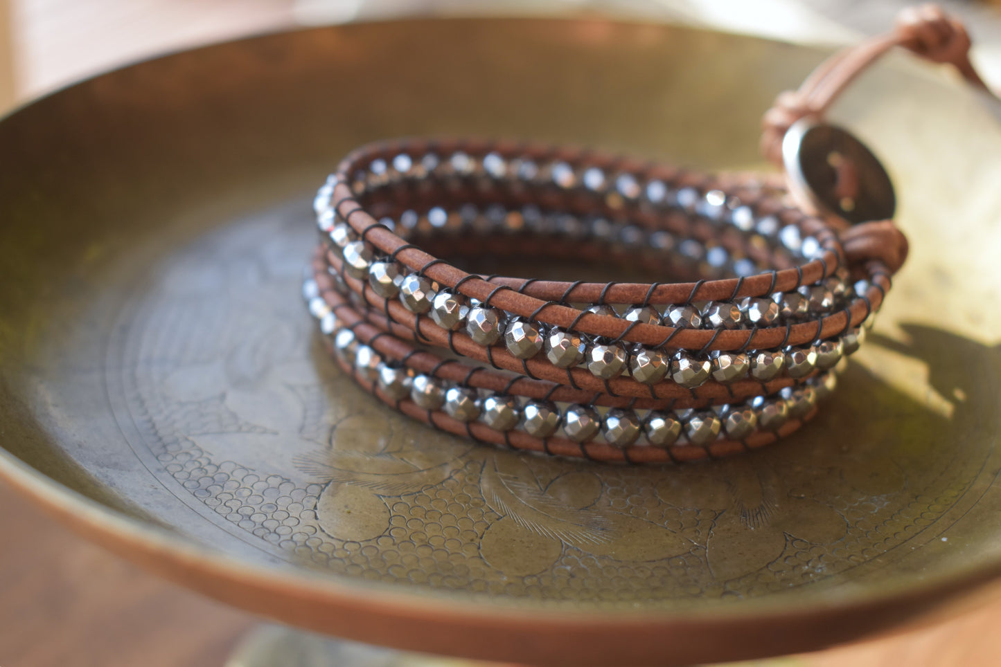 Silver Tone Faceted Hematite Wrap Bracelet // Leather Bracelet // Beaded Bracelet