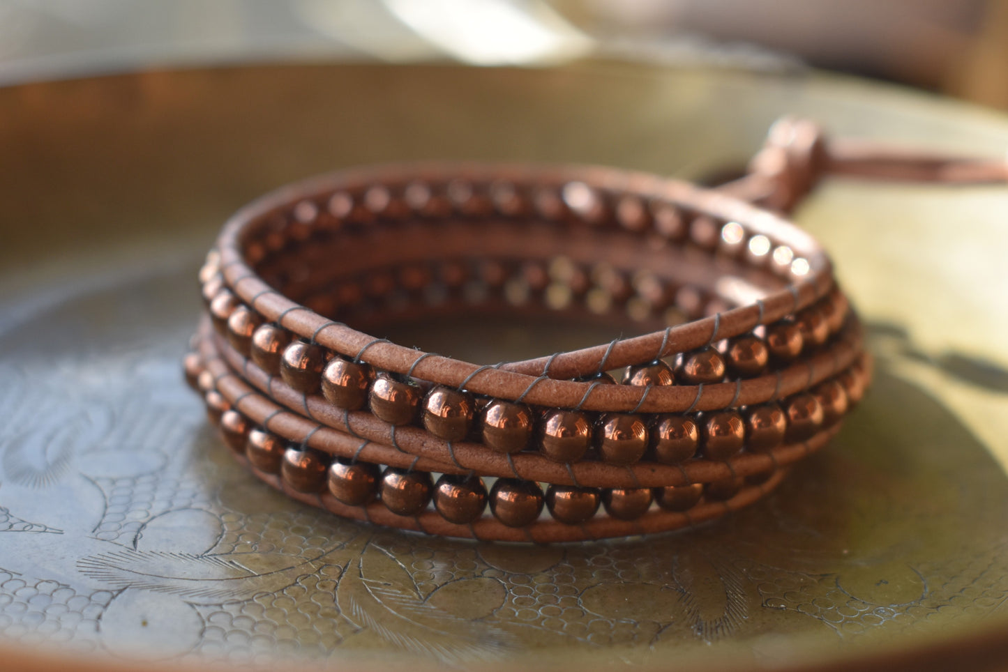 Chocolate Tone Hematite Wrap Bracelet // Leather Bracelet // Beaded Bracelet
