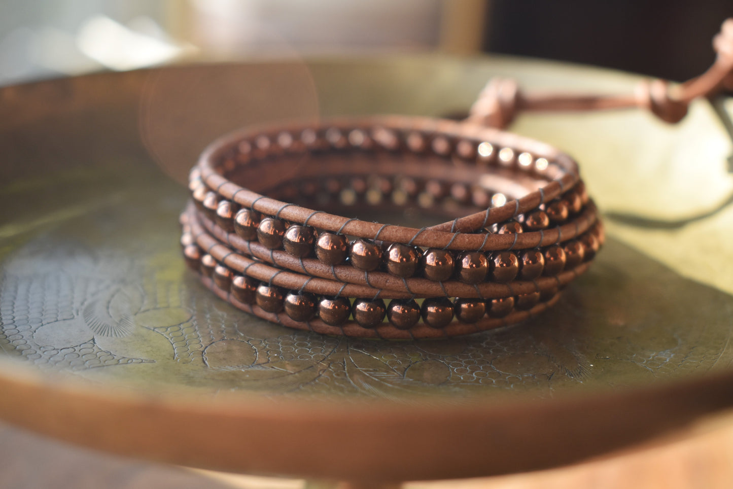Chocolate Tone Hematite Wrap Bracelet // Leather Bracelet // Beaded Bracelet