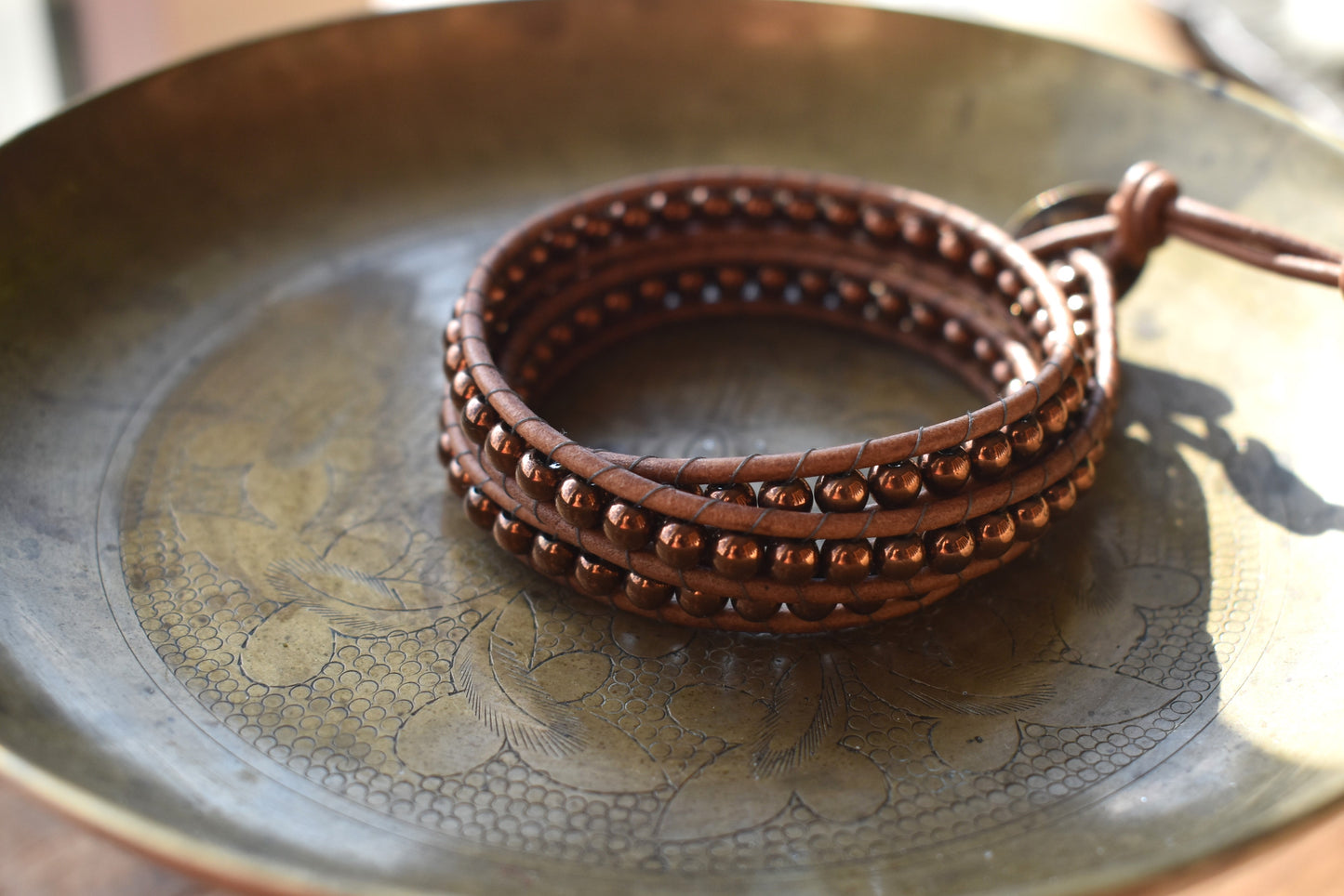 Chocolate Tone Hematite Wrap Bracelet // Leather Bracelet // Beaded Bracelet