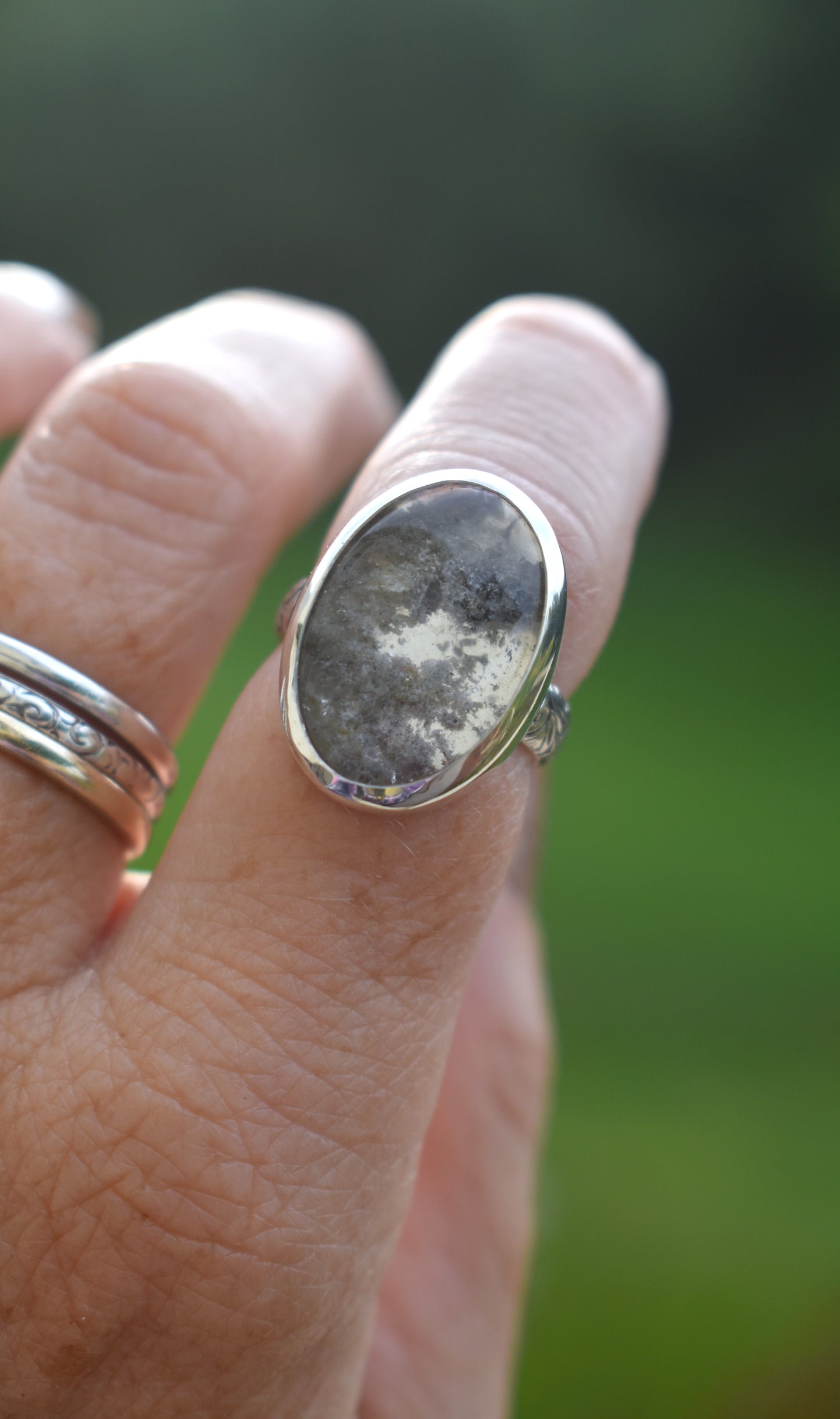 Garden Quartz Ring/Lodolite - Gray Green tones - Size 7