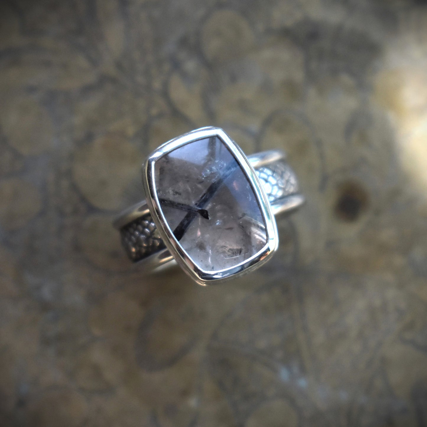 Quartz with Black Tourmaline Snakeskin Ring - size 7.5