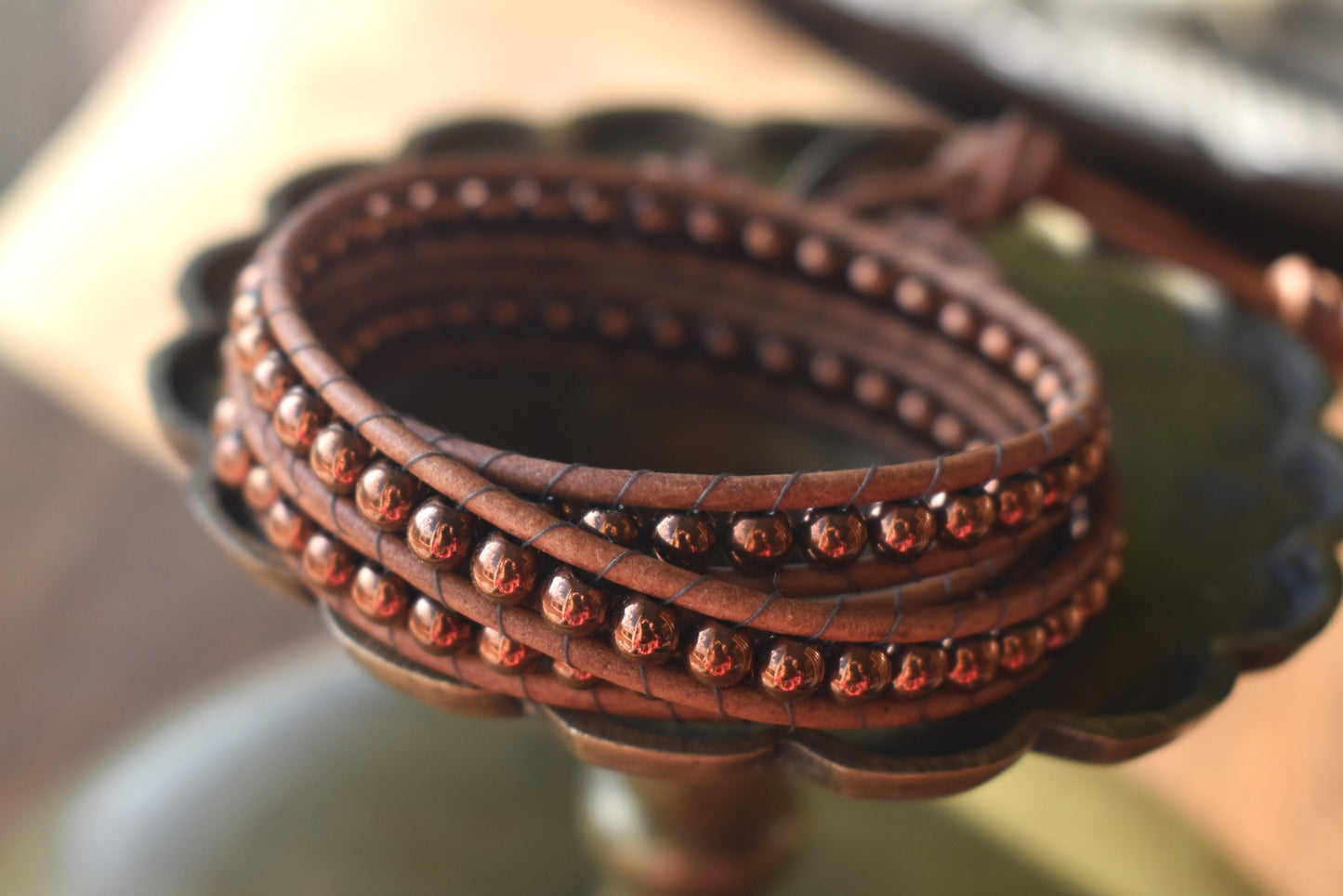 Chocolate Tone Hematite Wrap Bracelet // Leather Bracelet // Beaded Bracelet