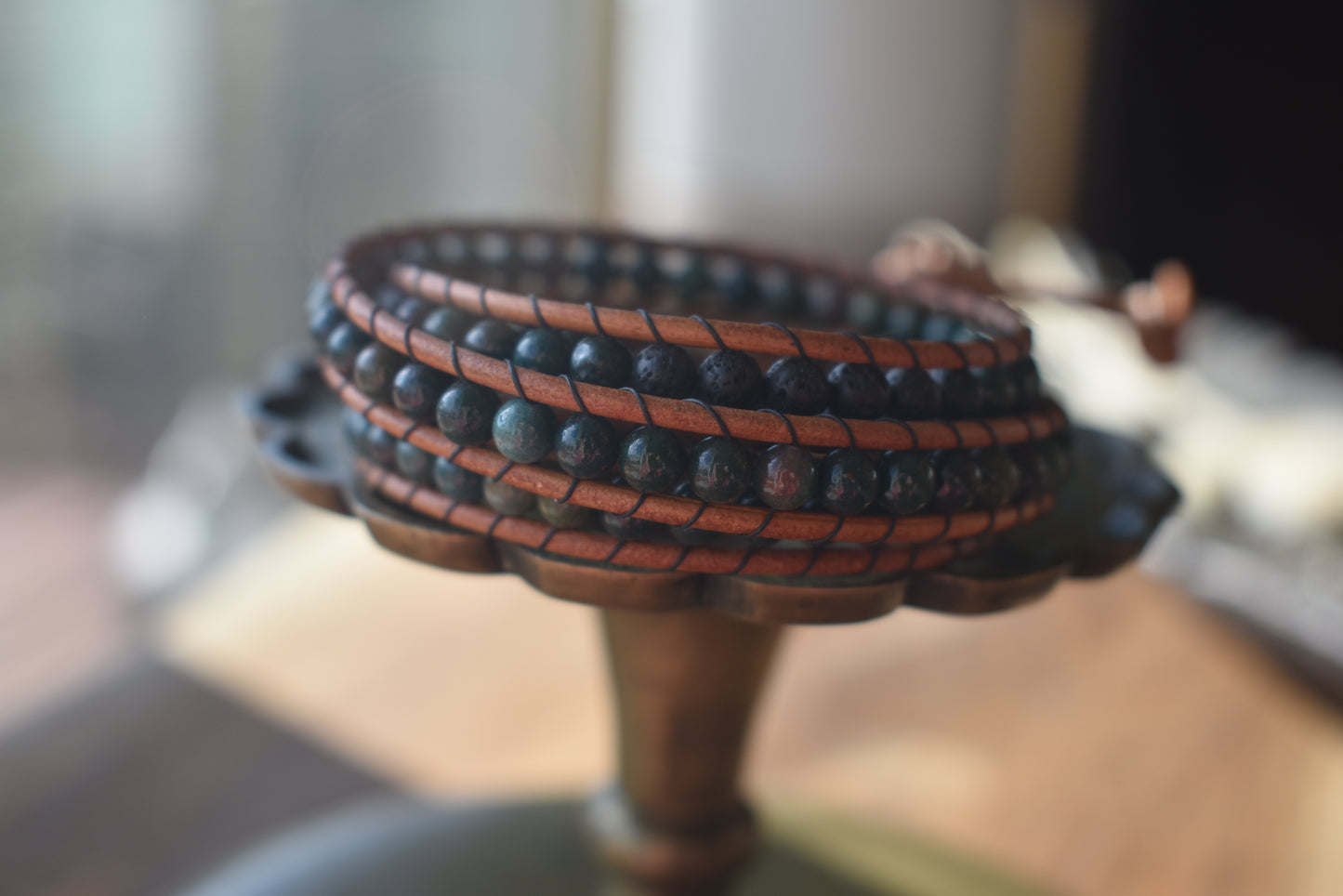 Green Agate Wrap Bracelet // Leather Bracelet // Beaded Bracelet // Essential Oil Bracelet (Copy)