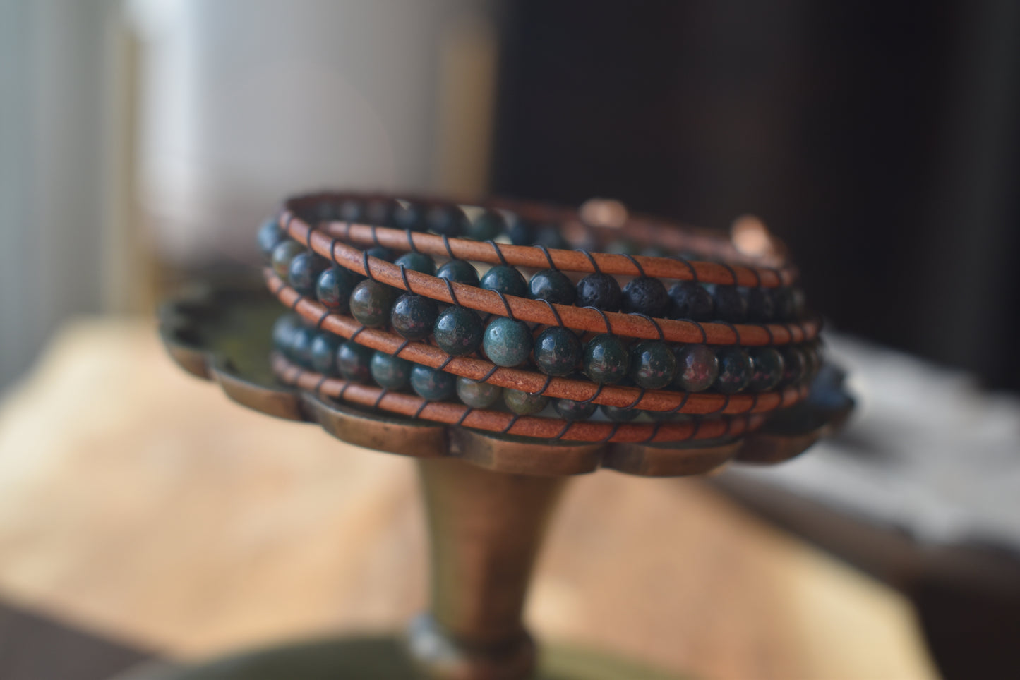 Green Agate Wrap Bracelet // Leather Bracelet // Beaded Bracelet // Essential Oil Bracelet (Copy)