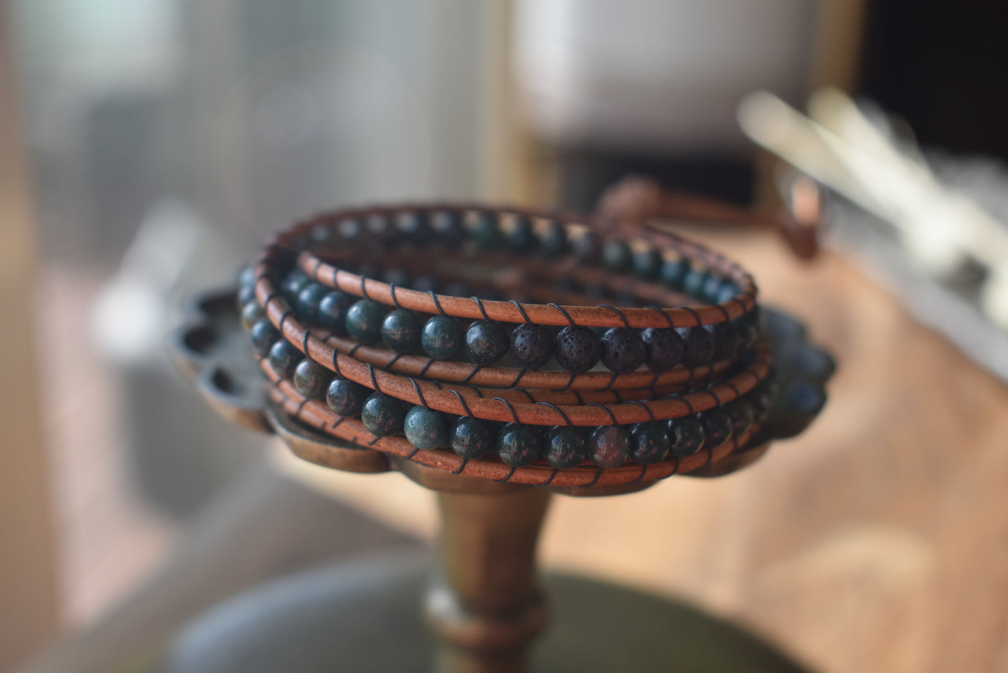Green Agate Wrap Bracelet // Leather Bracelet // Beaded Bracelet // Essential Oil Bracelet (Copy)