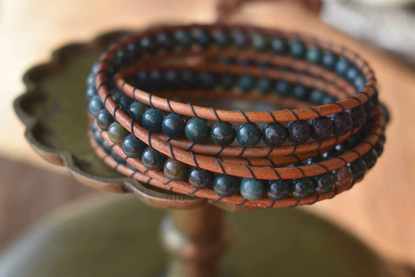 Green Agate Wrap Bracelet // Leather Bracelet // Beaded Bracelet // Essential Oil Bracelet (Copy)