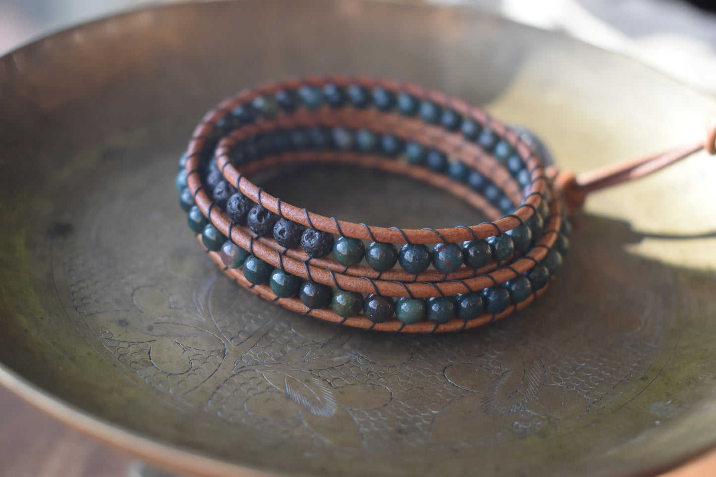 Green Agate Wrap Bracelet // Leather Bracelet // Beaded Bracelet // Essential Oil Bracelet (Copy)