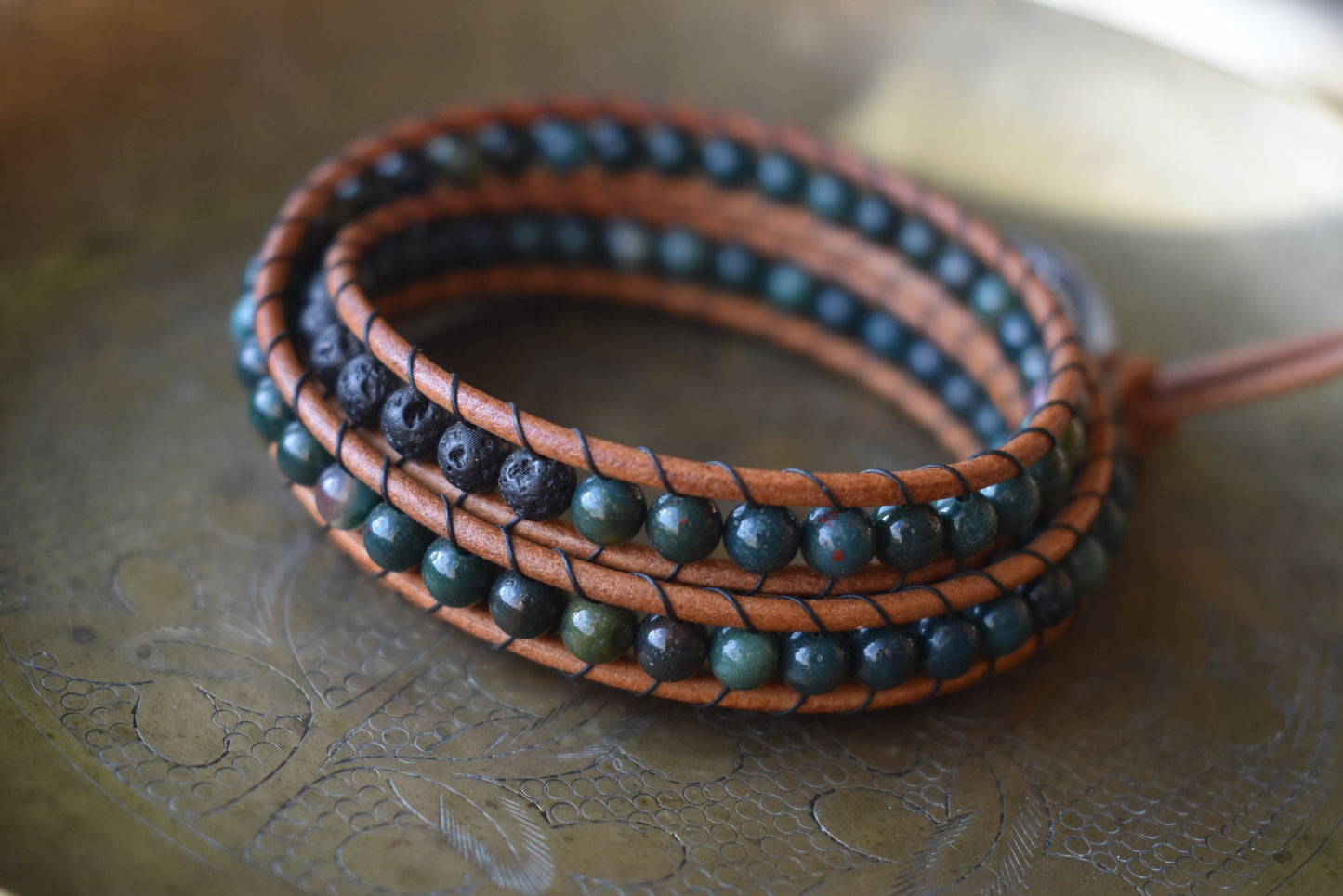 Green Agate Wrap Bracelet // Leather Bracelet // Beaded Bracelet // Essential Oil Bracelet (Copy)
