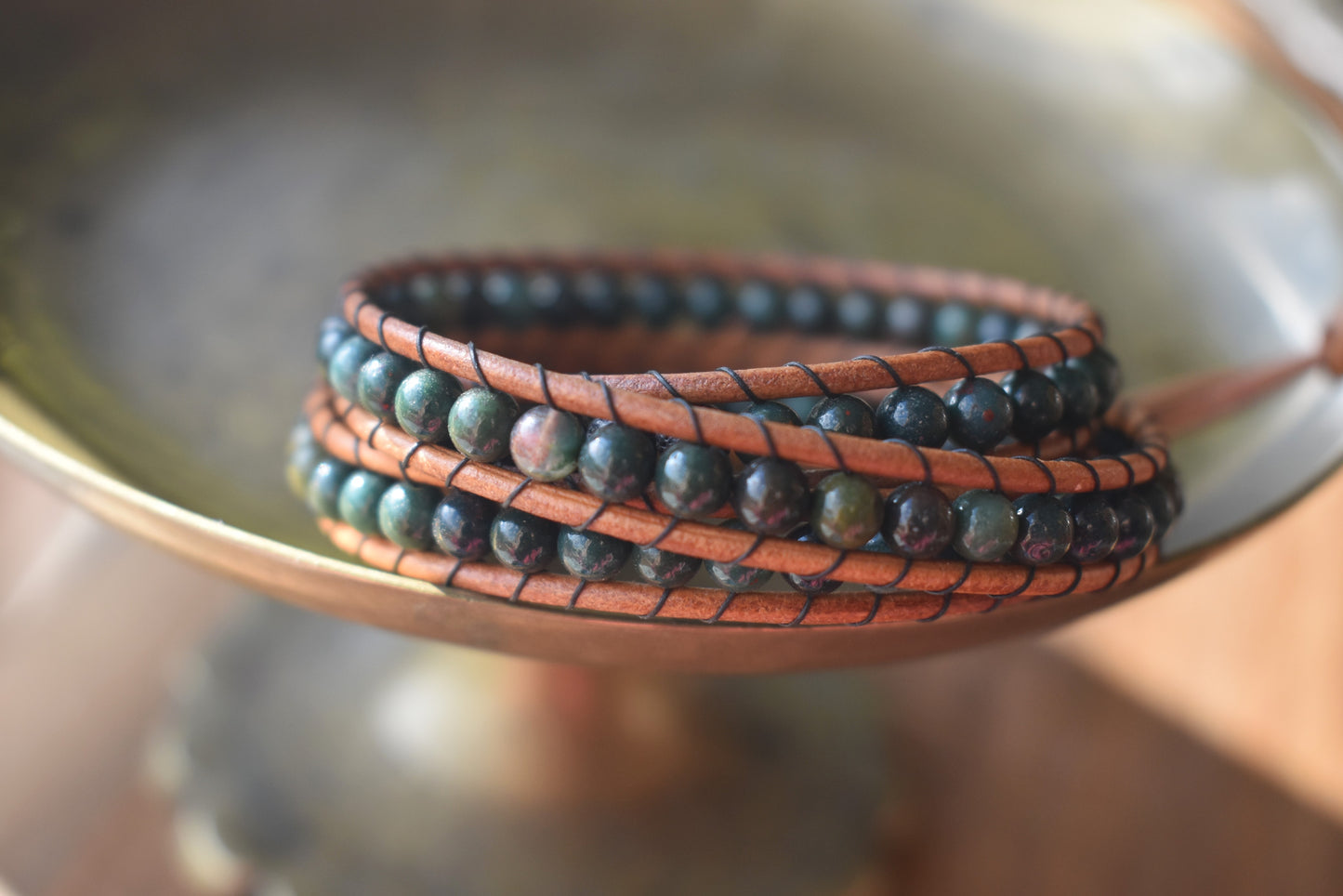 Green Agate Wrap Bracelet // Leather Bracelet // Beaded Bracelet // Essential Oil Bracelet (Copy)