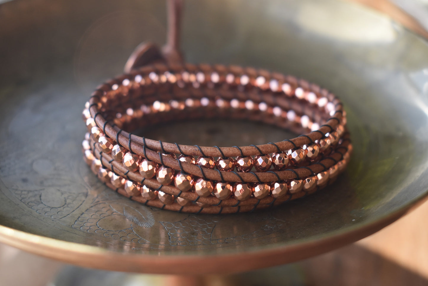 Copper/Rose Gold Tone Faceted Hematite Wrap Bracelet // Leather Bracelet // Beaded Bracelet