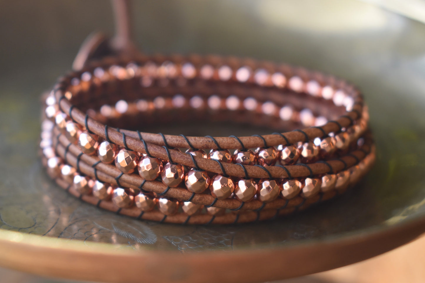 Copper/Rose Gold Tone Faceted Hematite Wrap Bracelet // Leather Bracelet // Beaded Bracelet